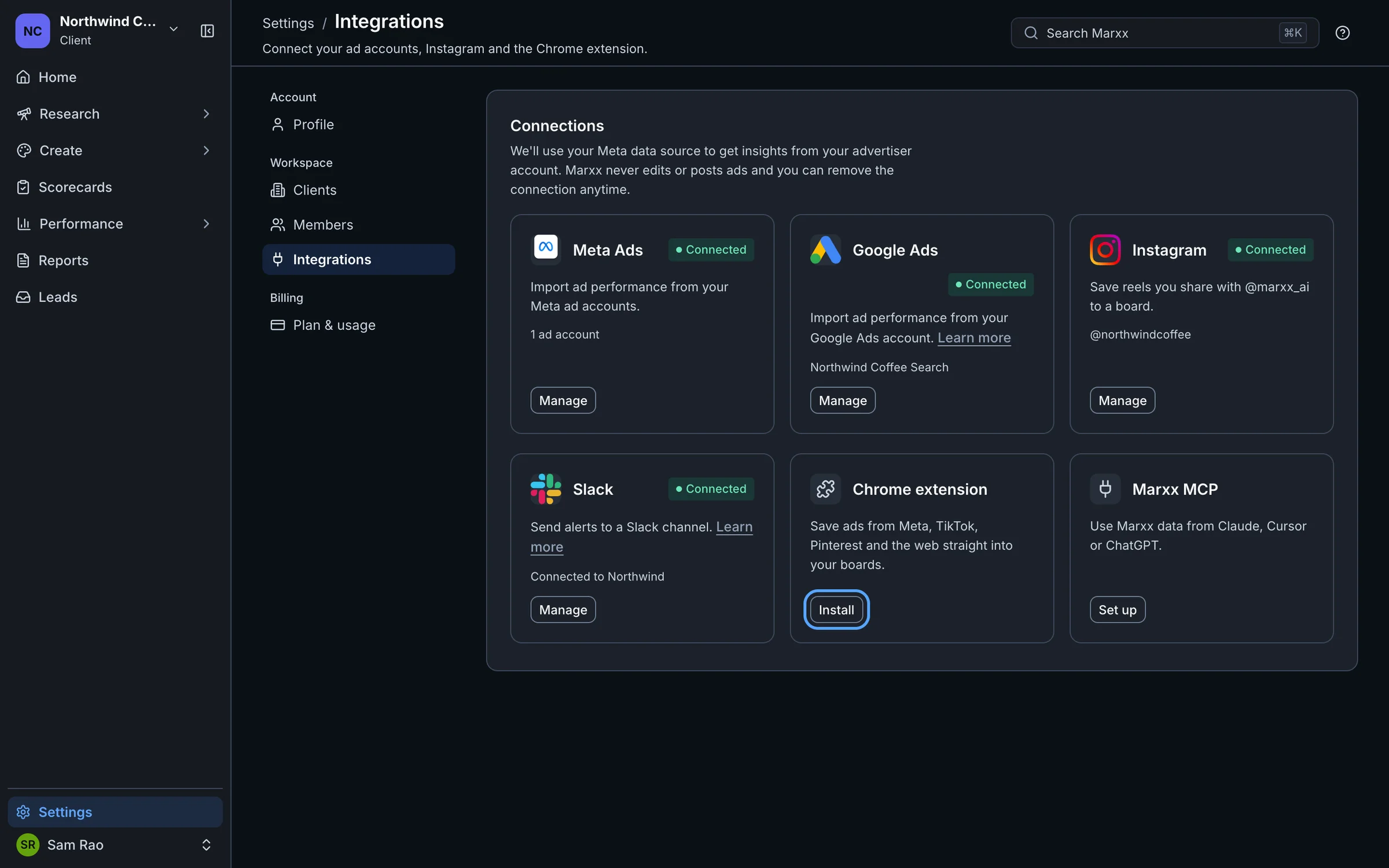 The Integrations page with the Install button on the Chrome extension card highlighted