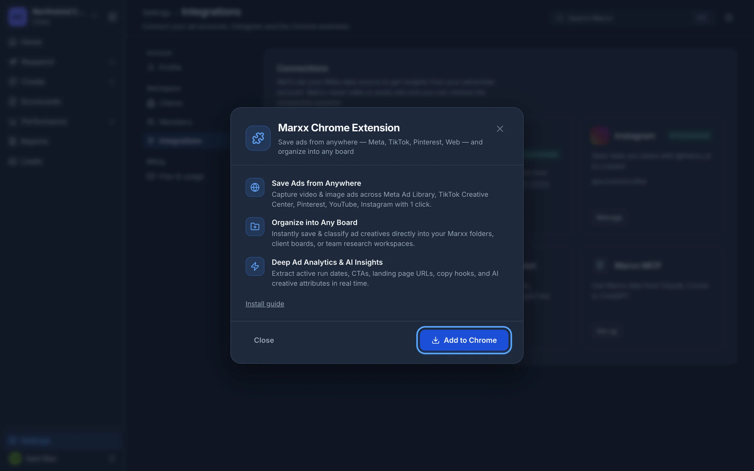 The Marxx Chrome Extension window with the Add to Chrome button highlighted