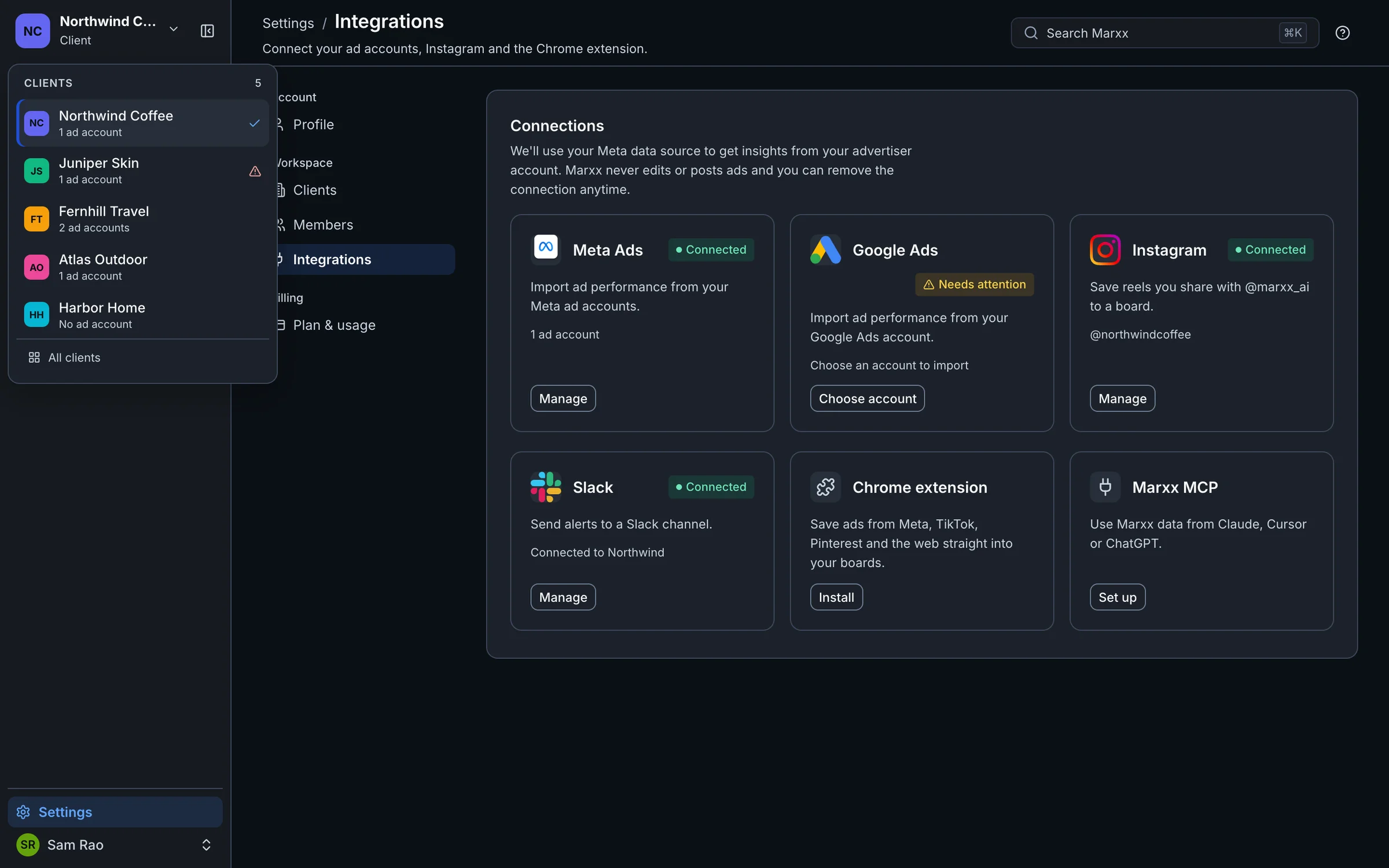 The client switcher open at the top of the sidebar