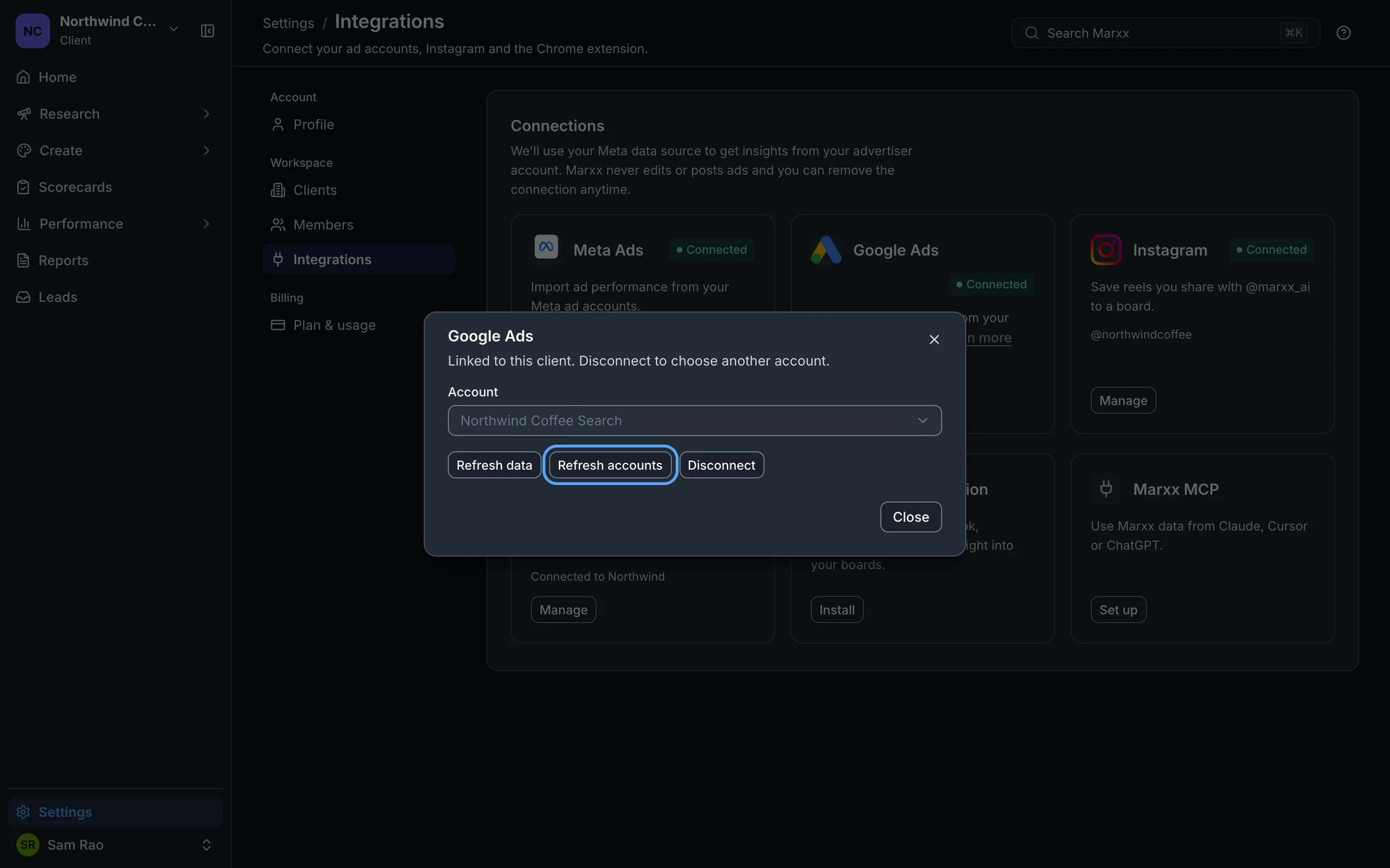 The Google Ads Manage window, locked to one account, with the Refresh accounts button highlighted