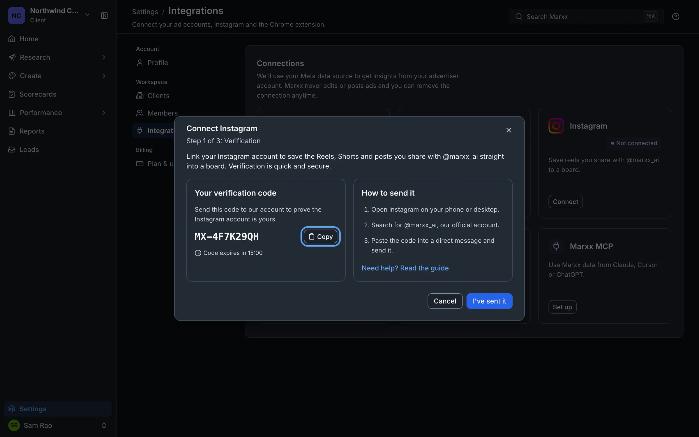 The Connect Instagram window showing the verification code, with the Copy button highlighted