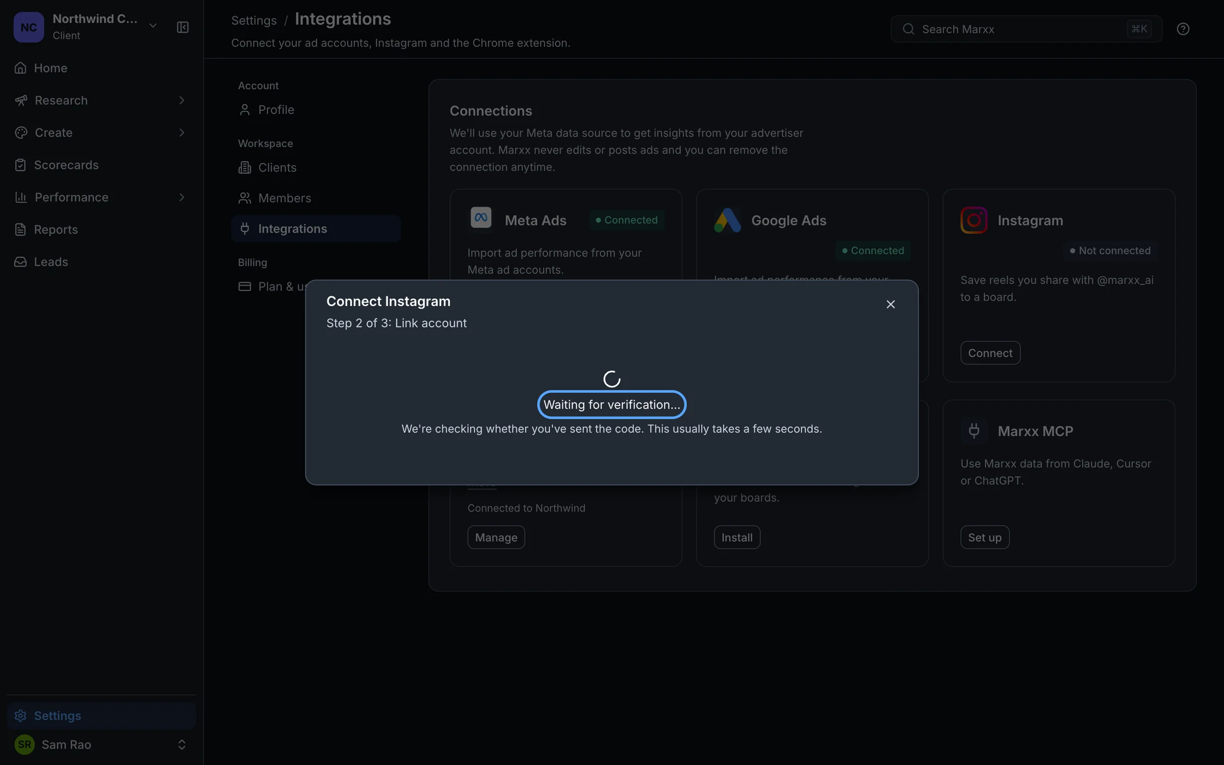 The Connect Instagram window on Step 2 of 3, saying Waiting for verification