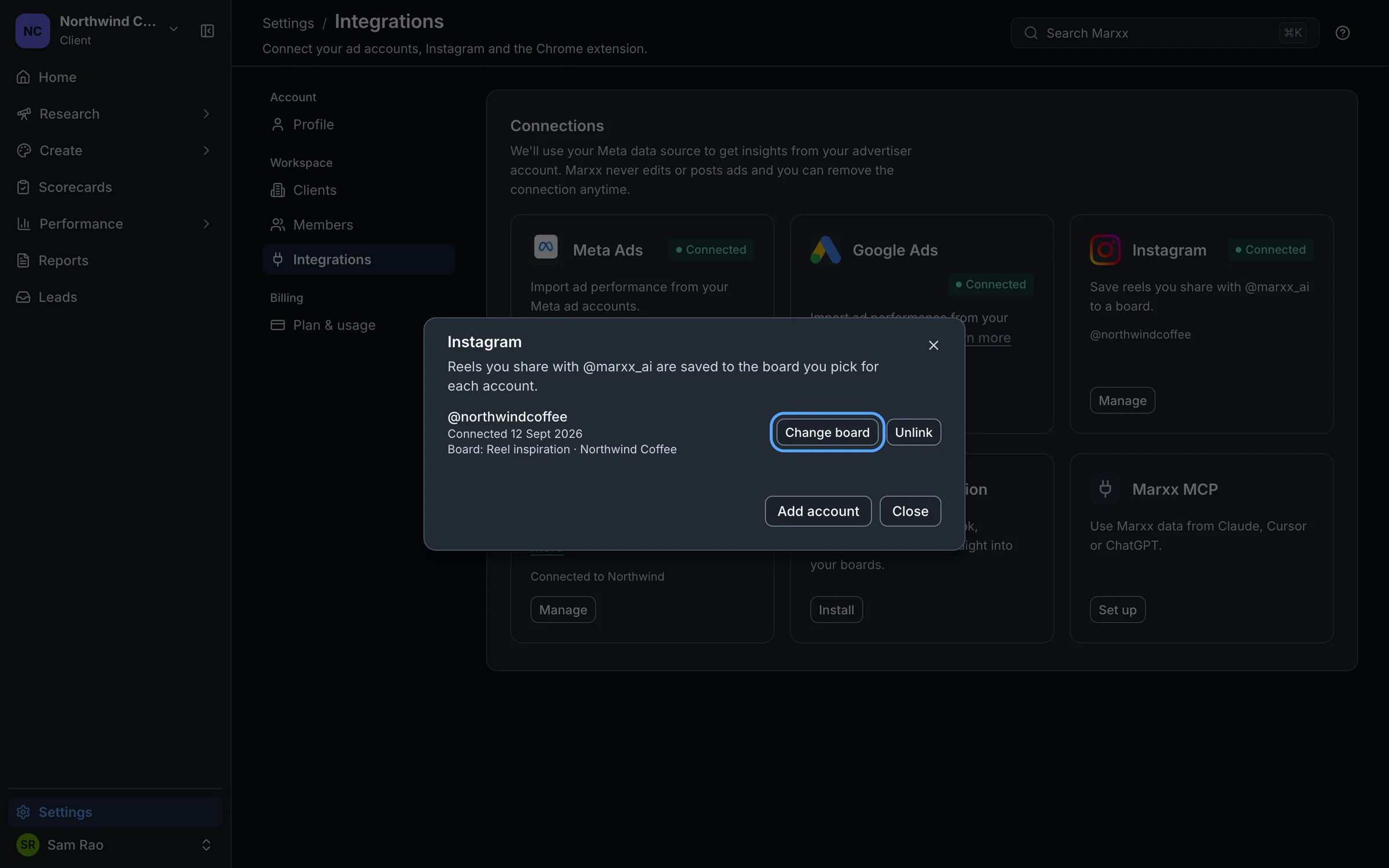 The Instagram Manage window listing a linked account and its board, with the Change board button highlighted