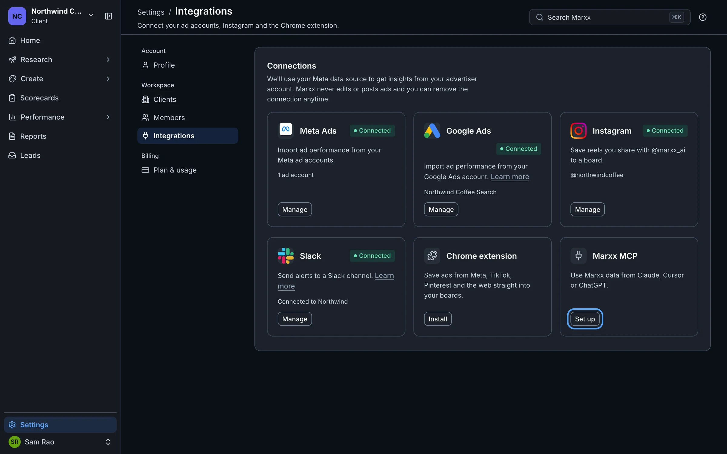 The Integrations page with the Set up button on the Marxx MCP card highlighted