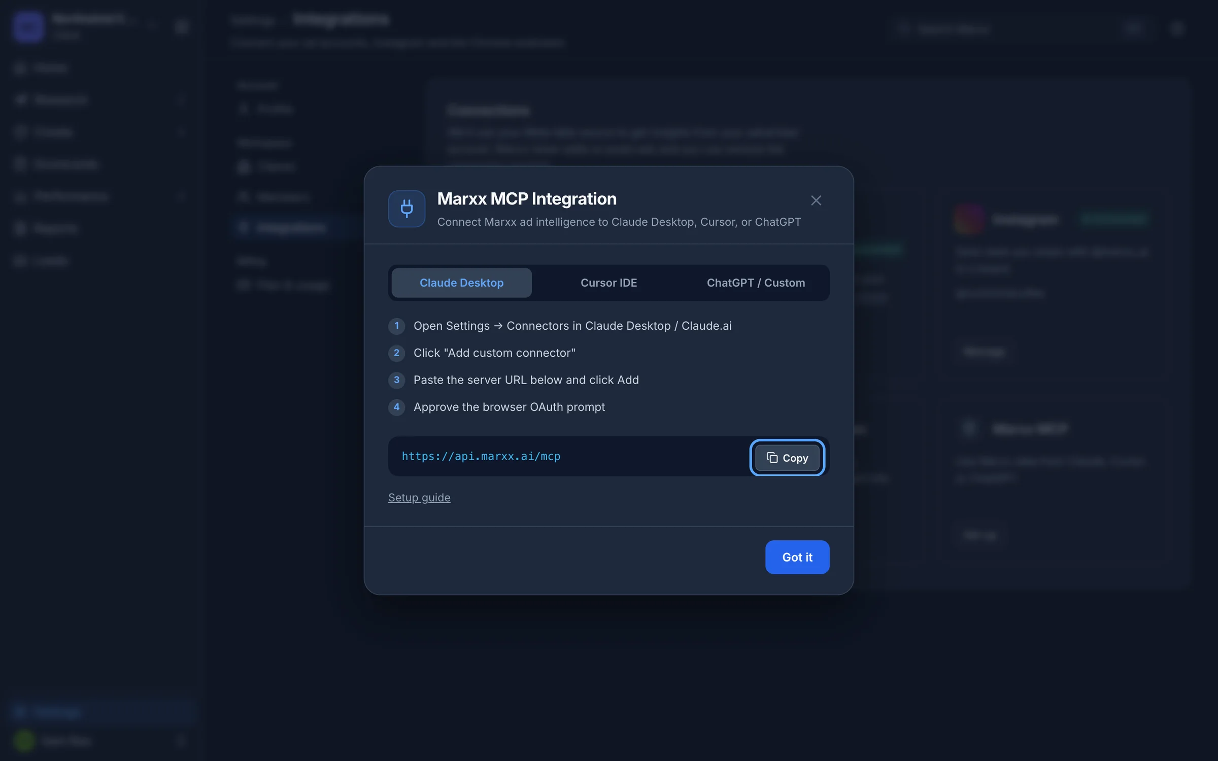 The Marxx MCP Integration window with the server address and its Copy button highlighted