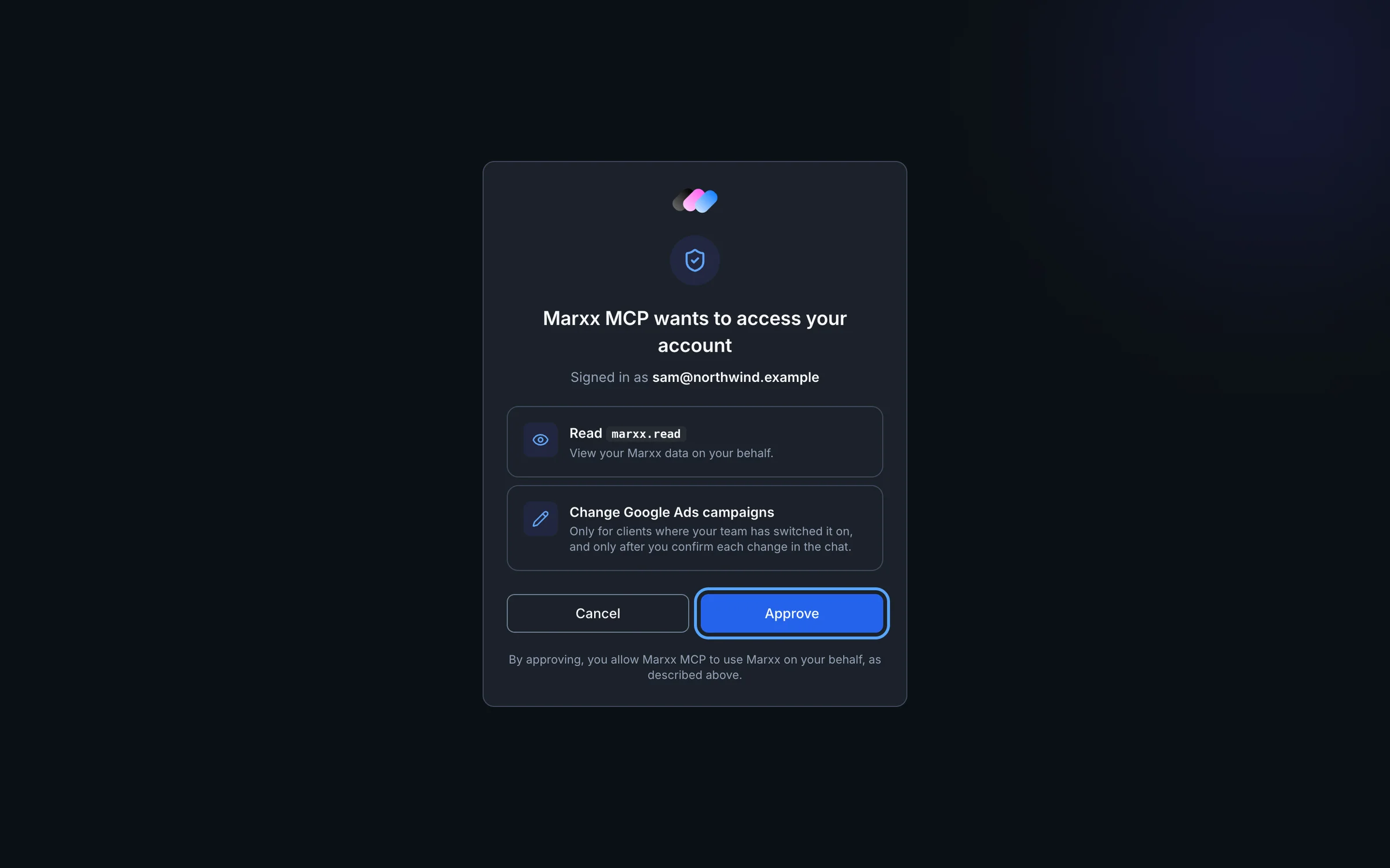 The Marxx MCP approval screen with the Approve button highlighted