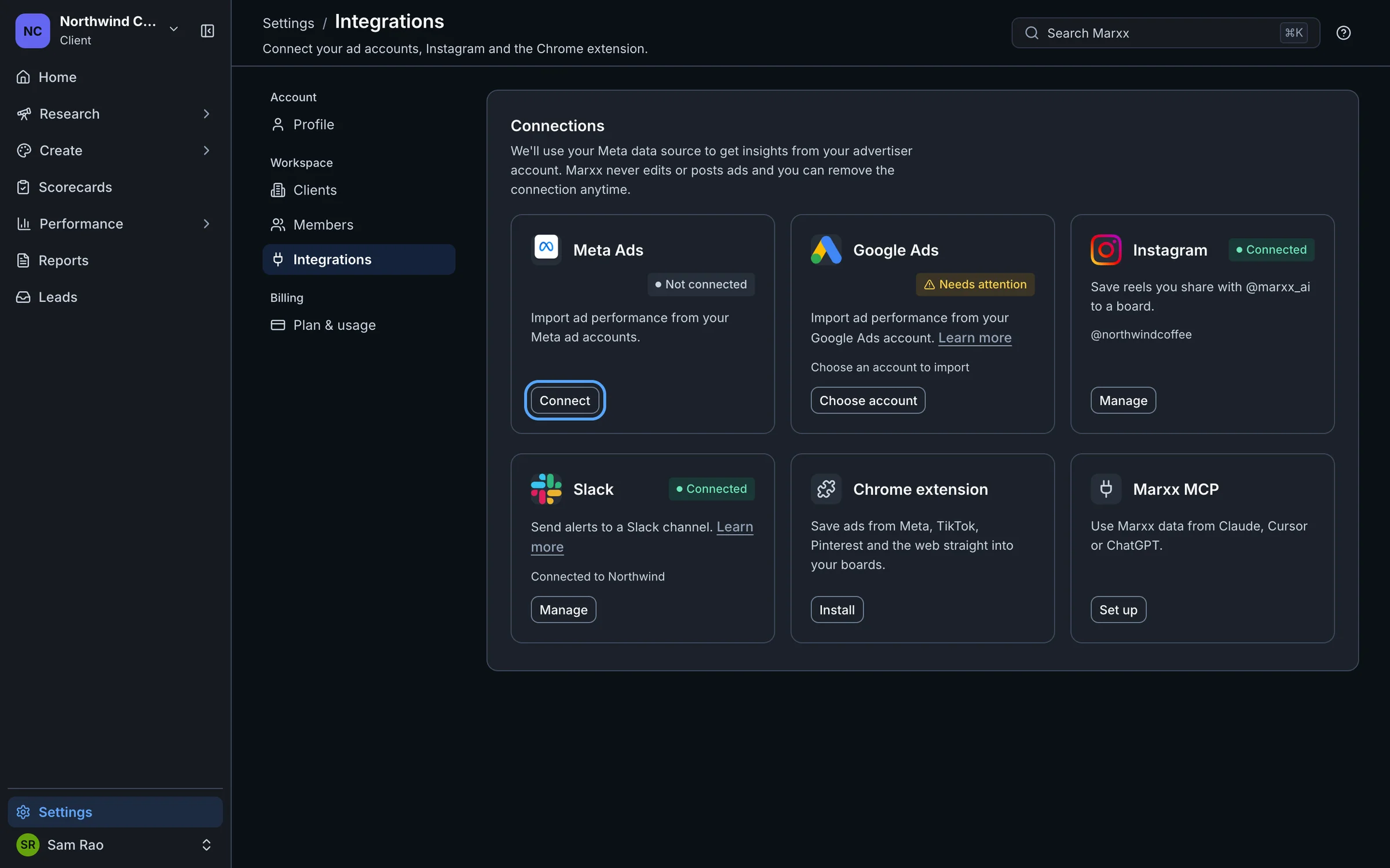 The Integrations page with the Connect button on the Meta Ads card highlighted