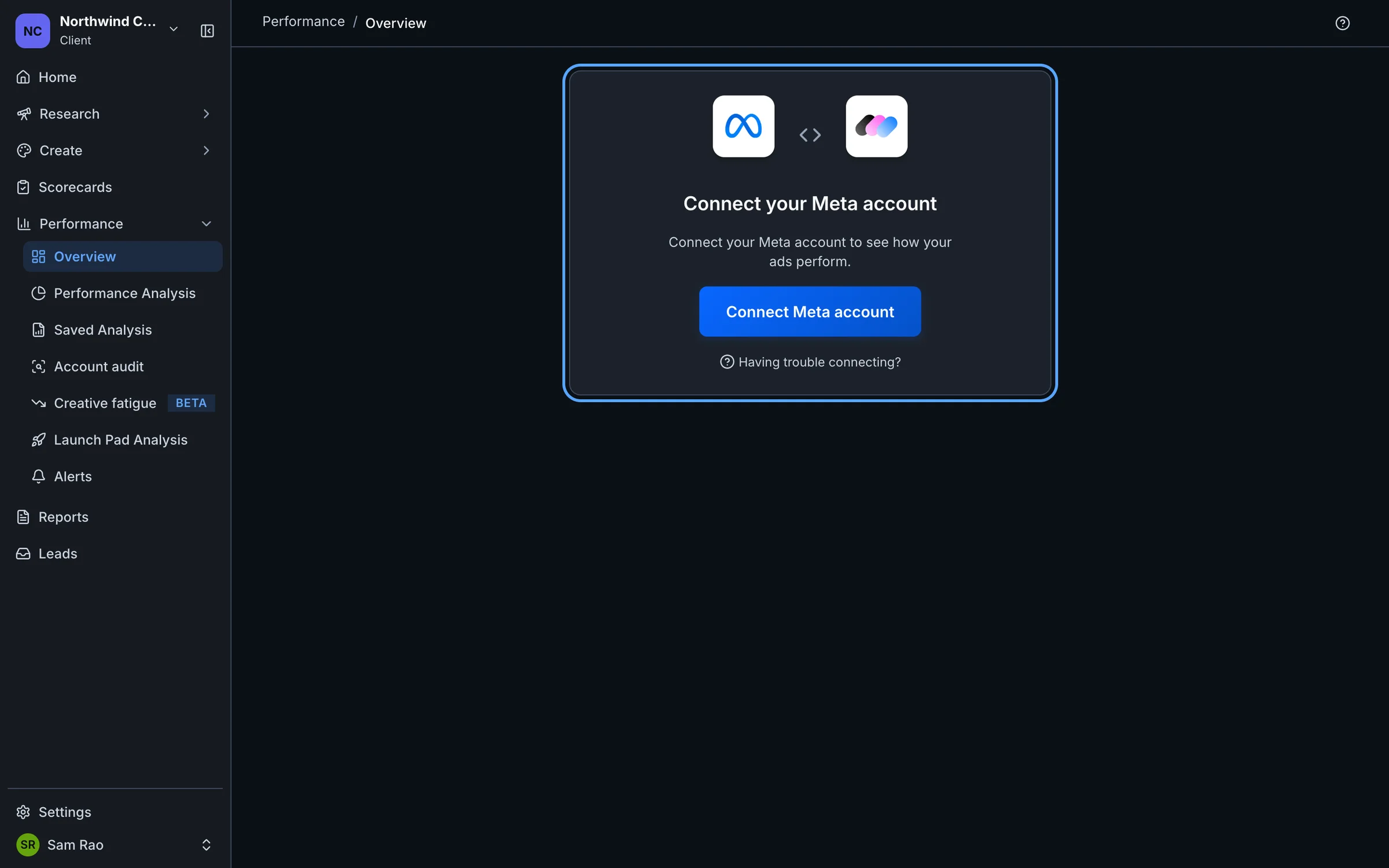 The Performance page showing the Connect your Meta account card for a client with no ad account