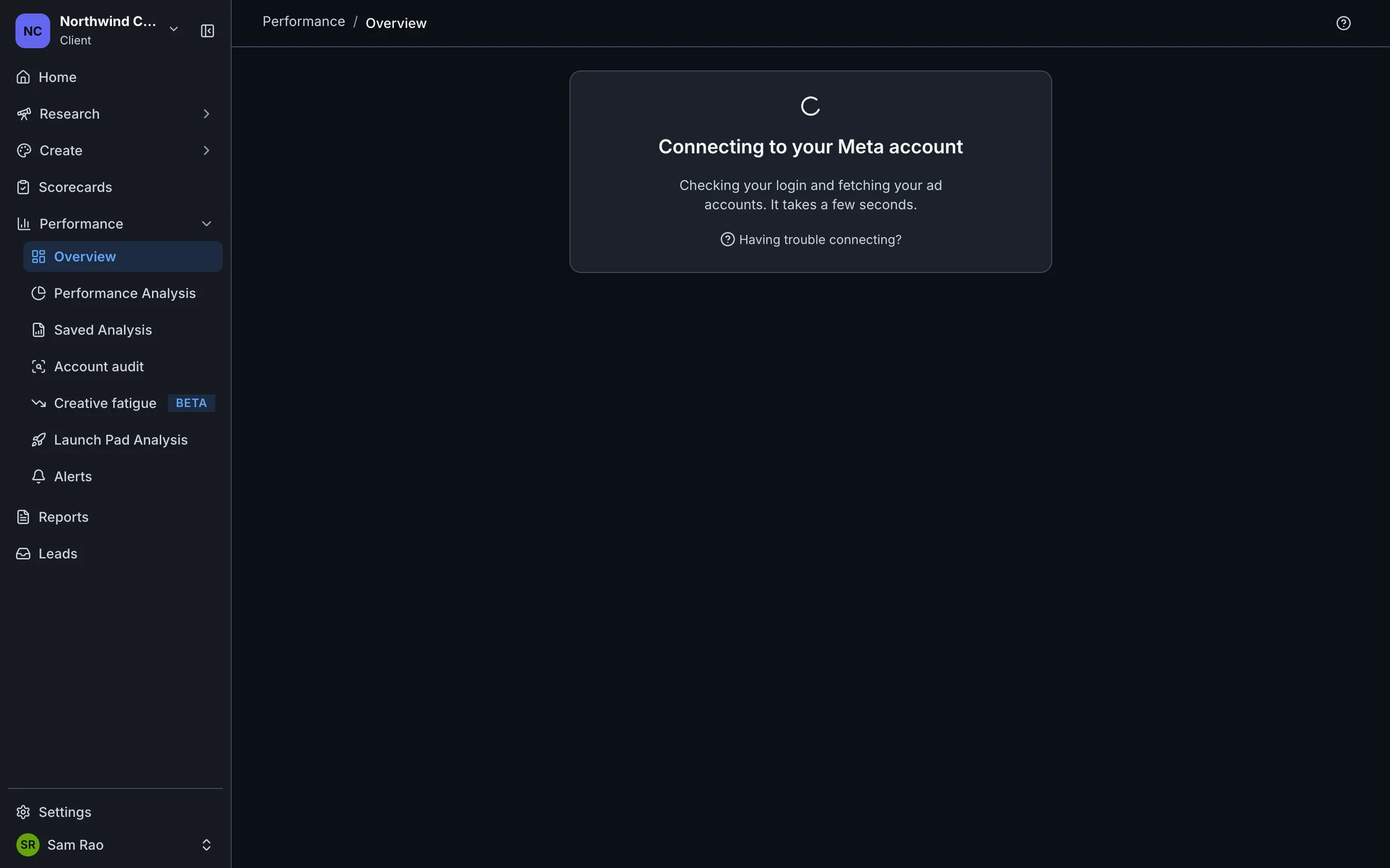 The Connecting to your Meta account screen with a spinner