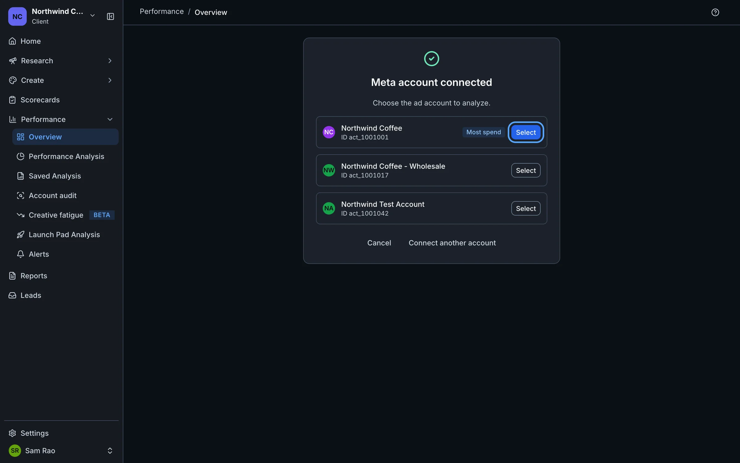 The Meta account connected screen listing three ad accounts, with the Select button on the Most spend account highlighted