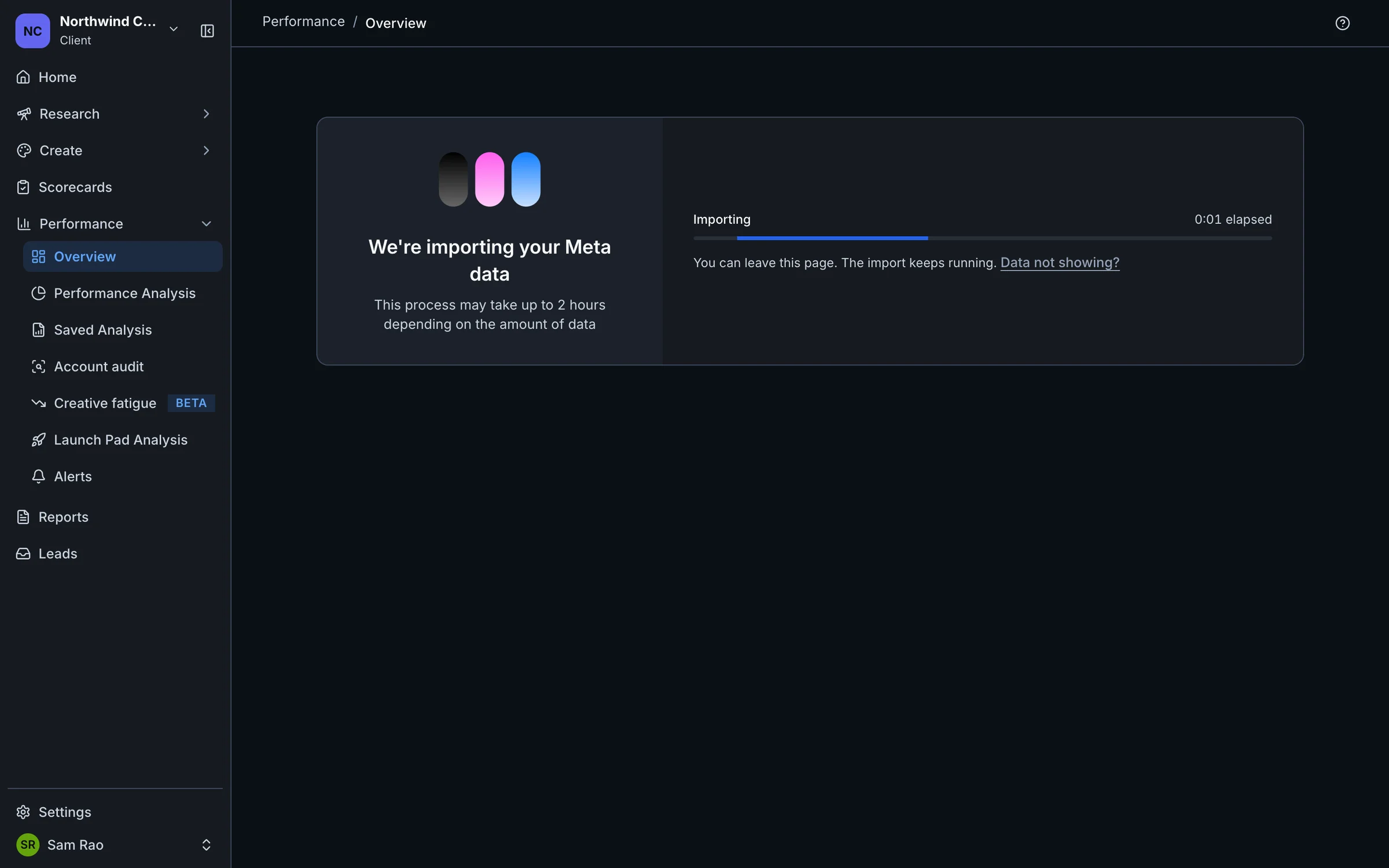 The Performance page showing We're importing your Meta data, with an Importing progress bar