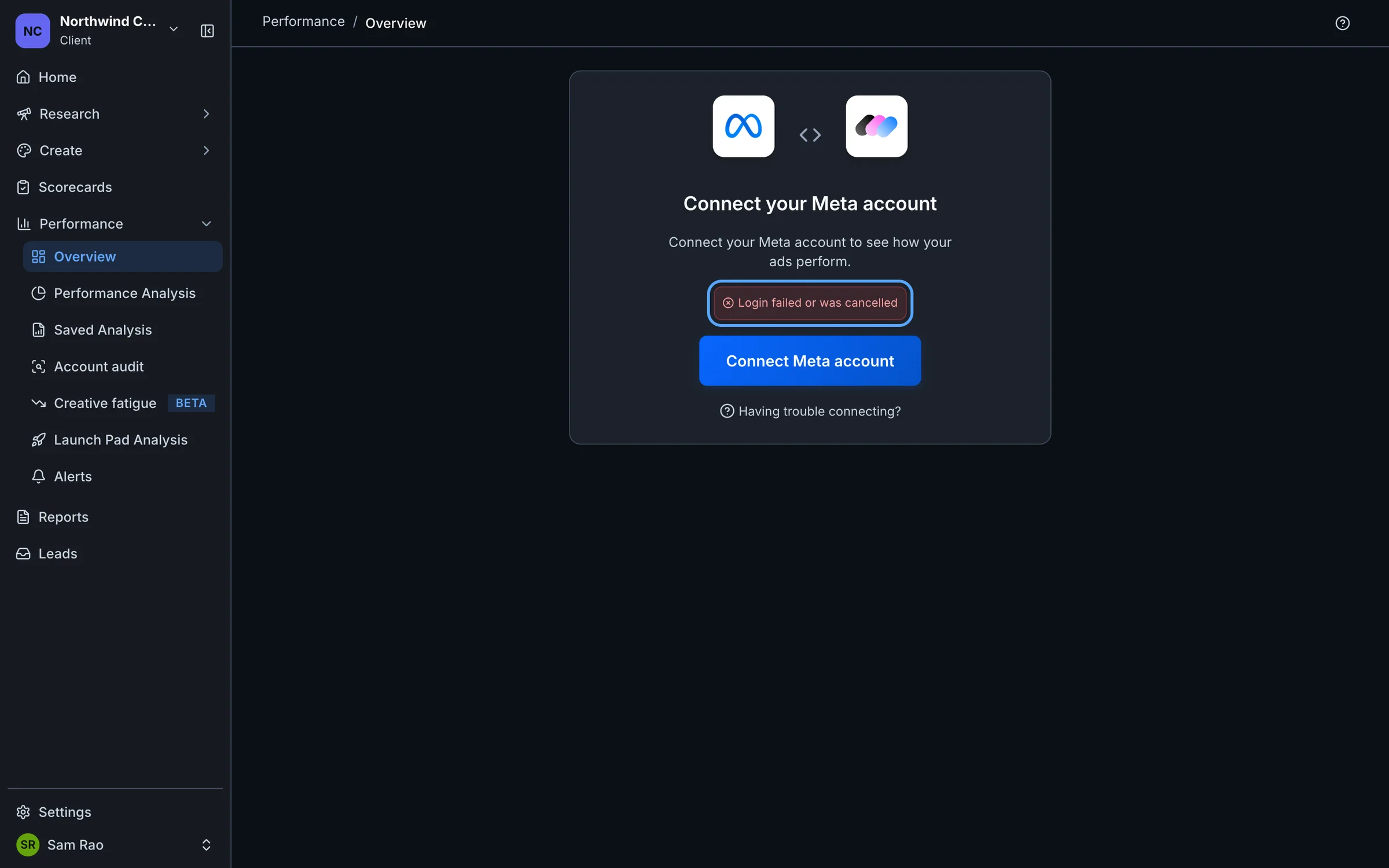 The Connect your Meta account card showing the error Login failed or was cancelled