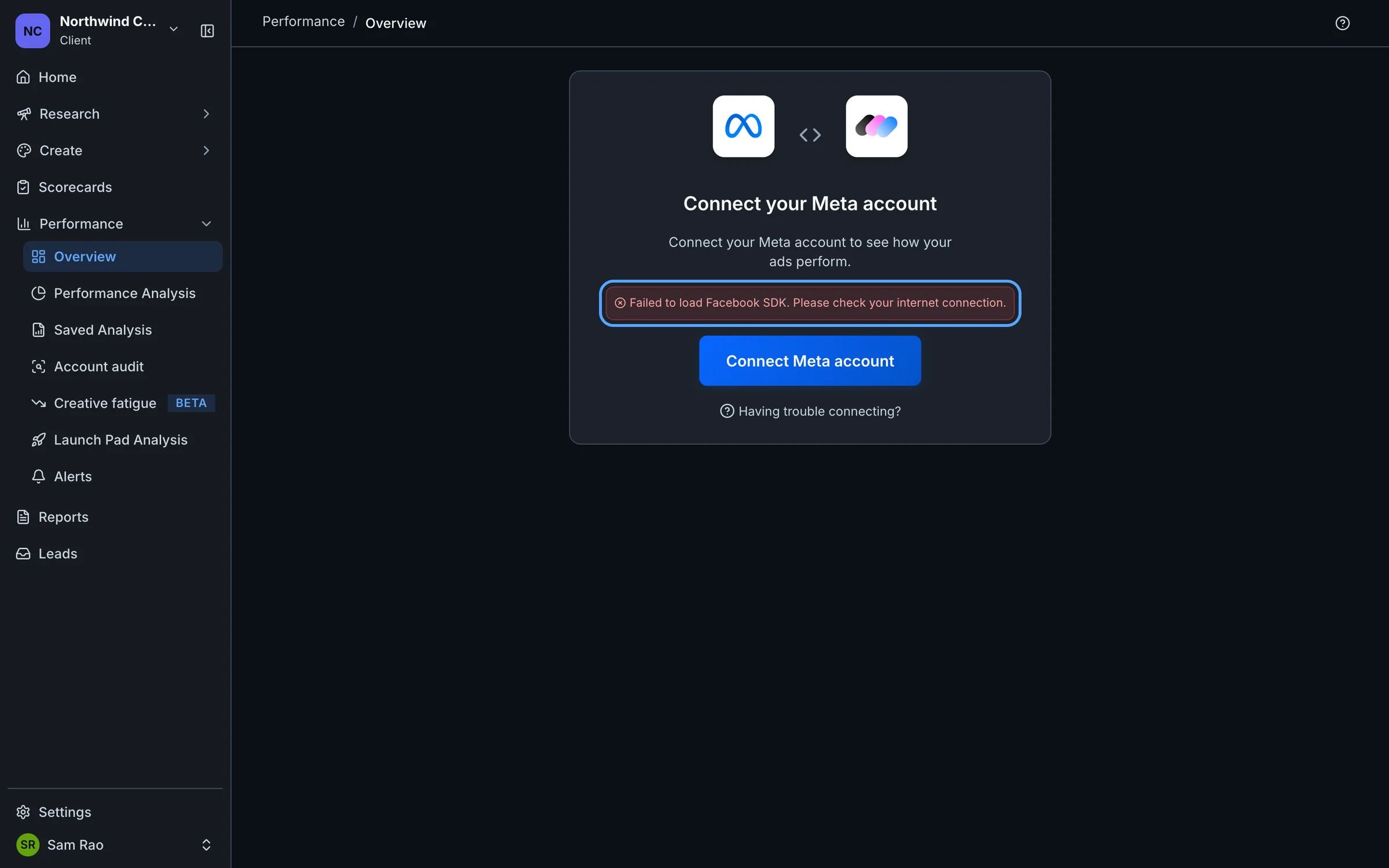 The Connect your Meta account card showing the error Failed to load Facebook SDK