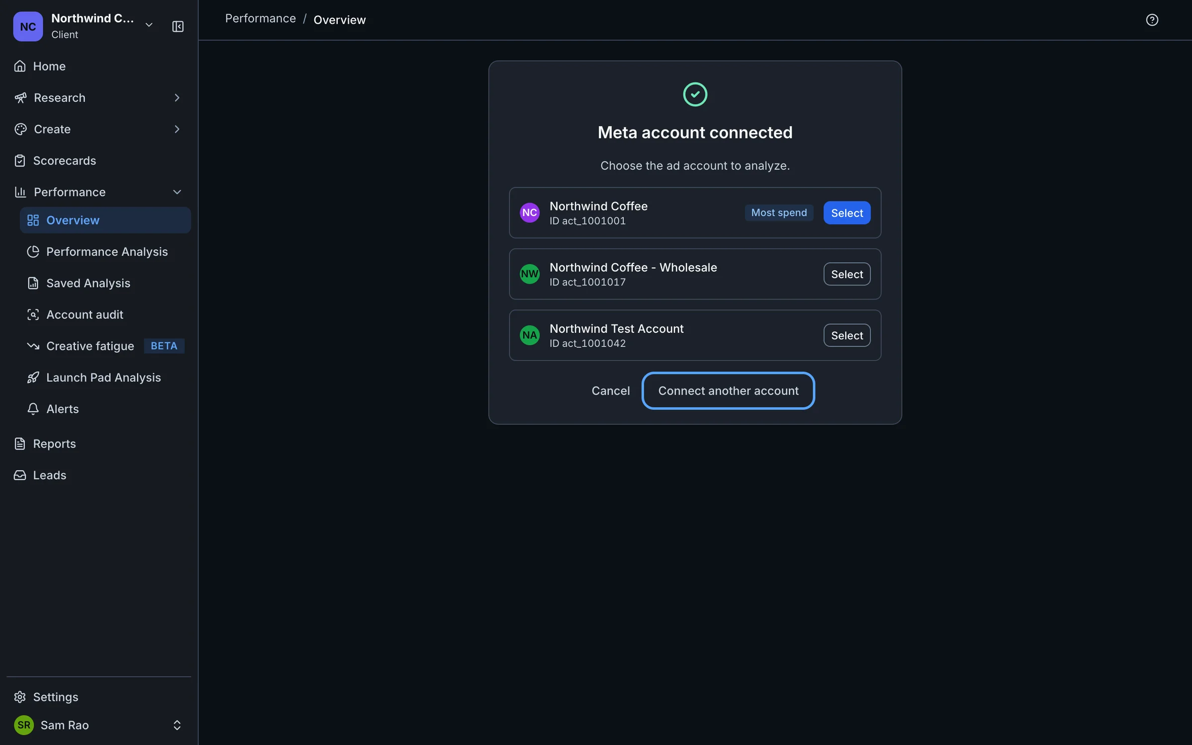 The ad account picker with the Connect another account button highlighted