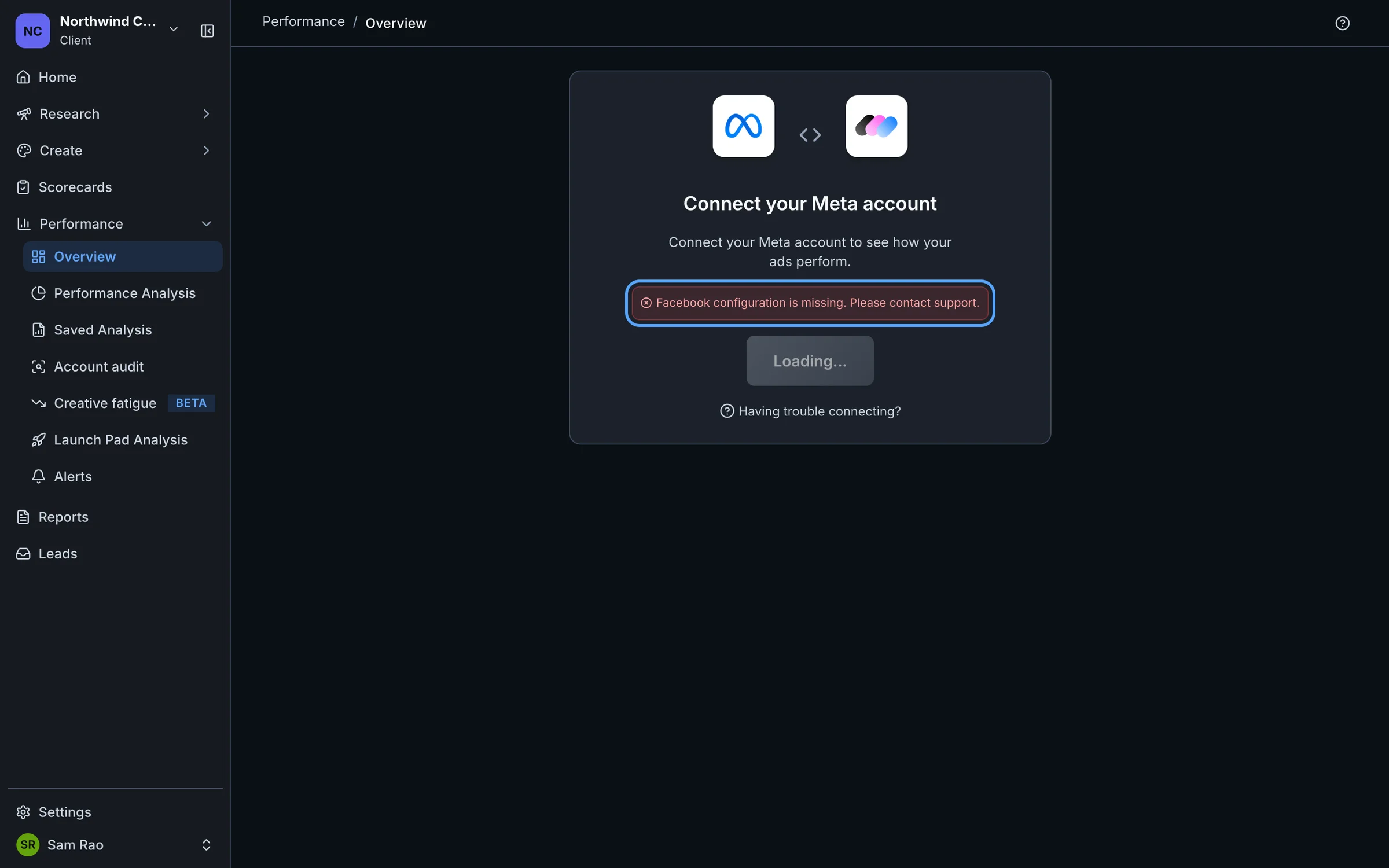 The Connect your Meta account card showing the error Facebook configuration is missing, with the button stuck on Loading