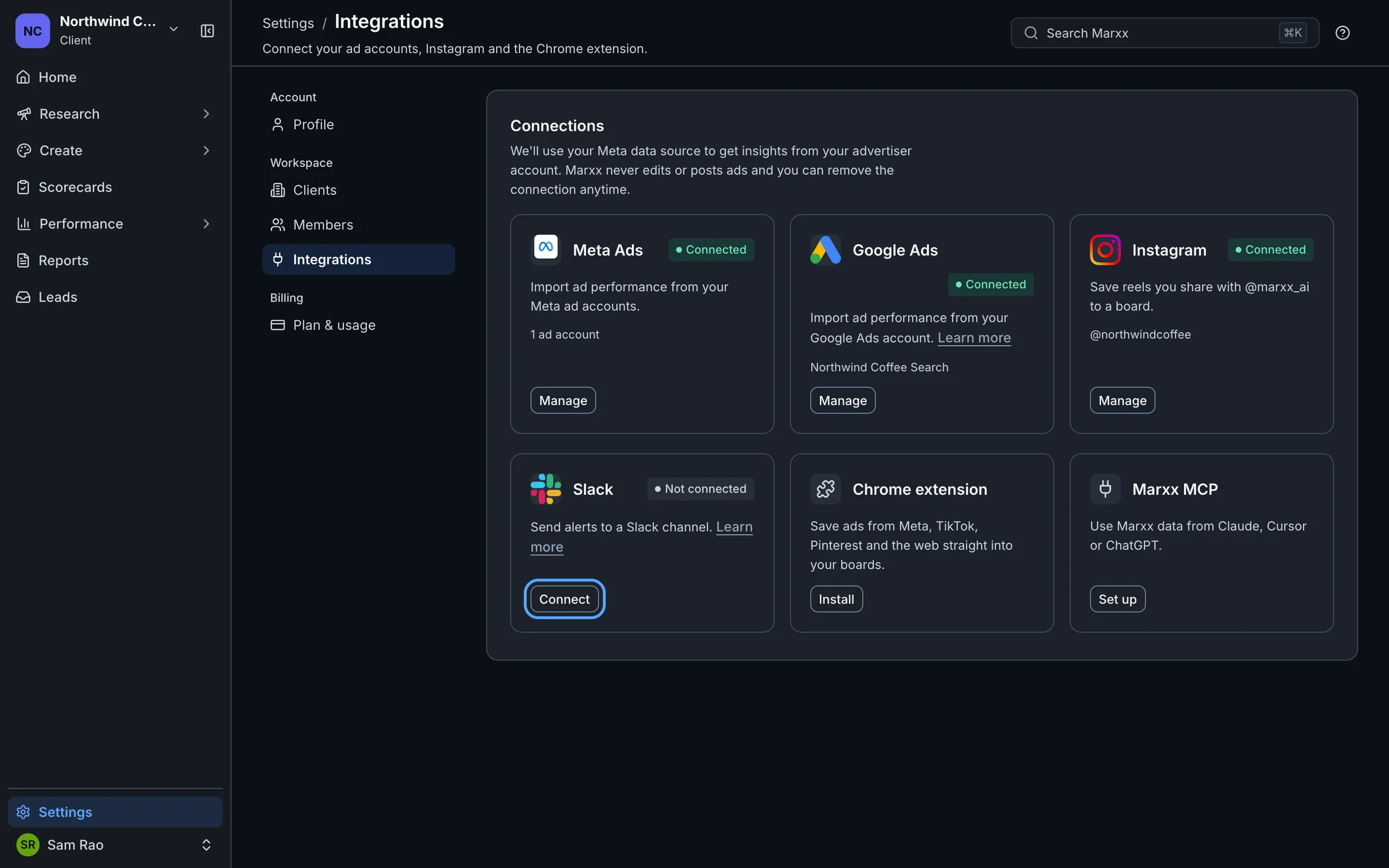The Integrations page with the Connect button on the Slack card highlighted