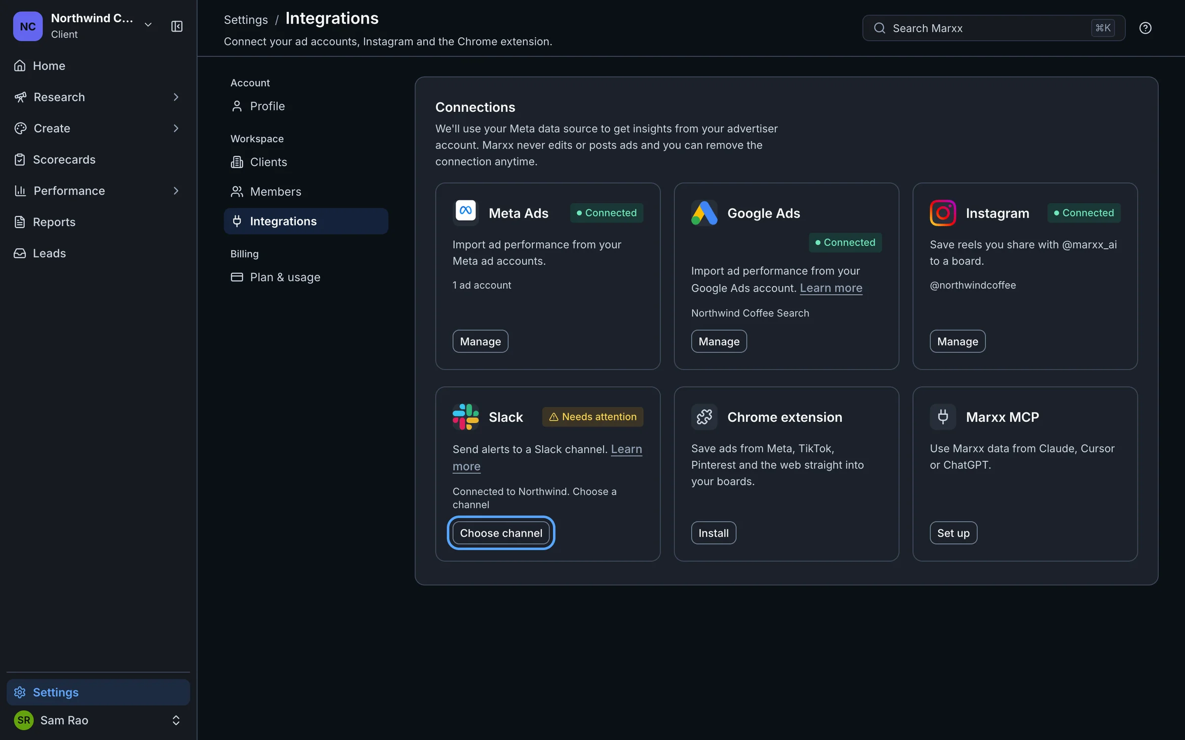 The Slack card showing Needs attention and Connected to Northwind, with the Choose channel button highlighted