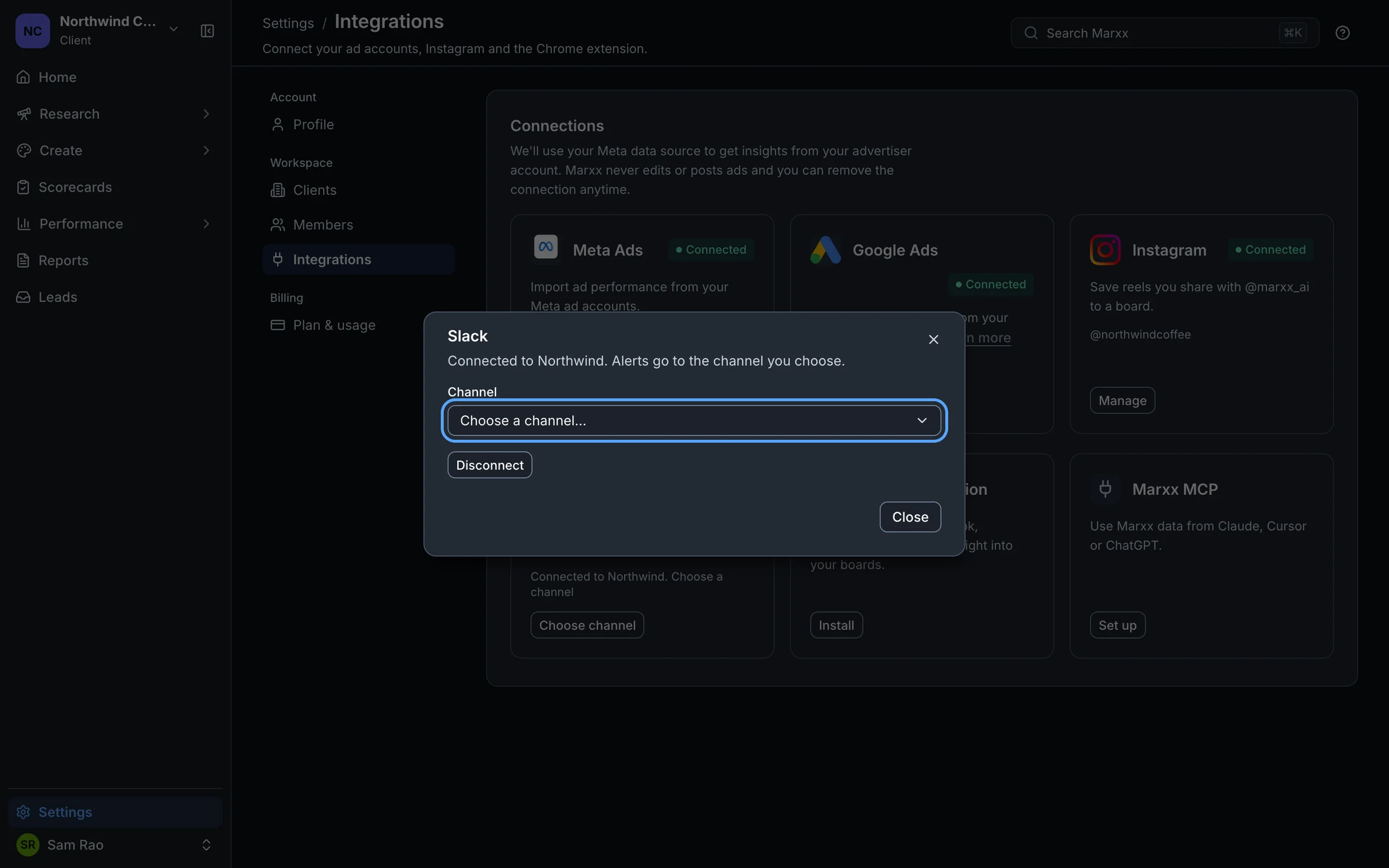 The Slack window with the Channel list, set to Choose a channel, highlighted