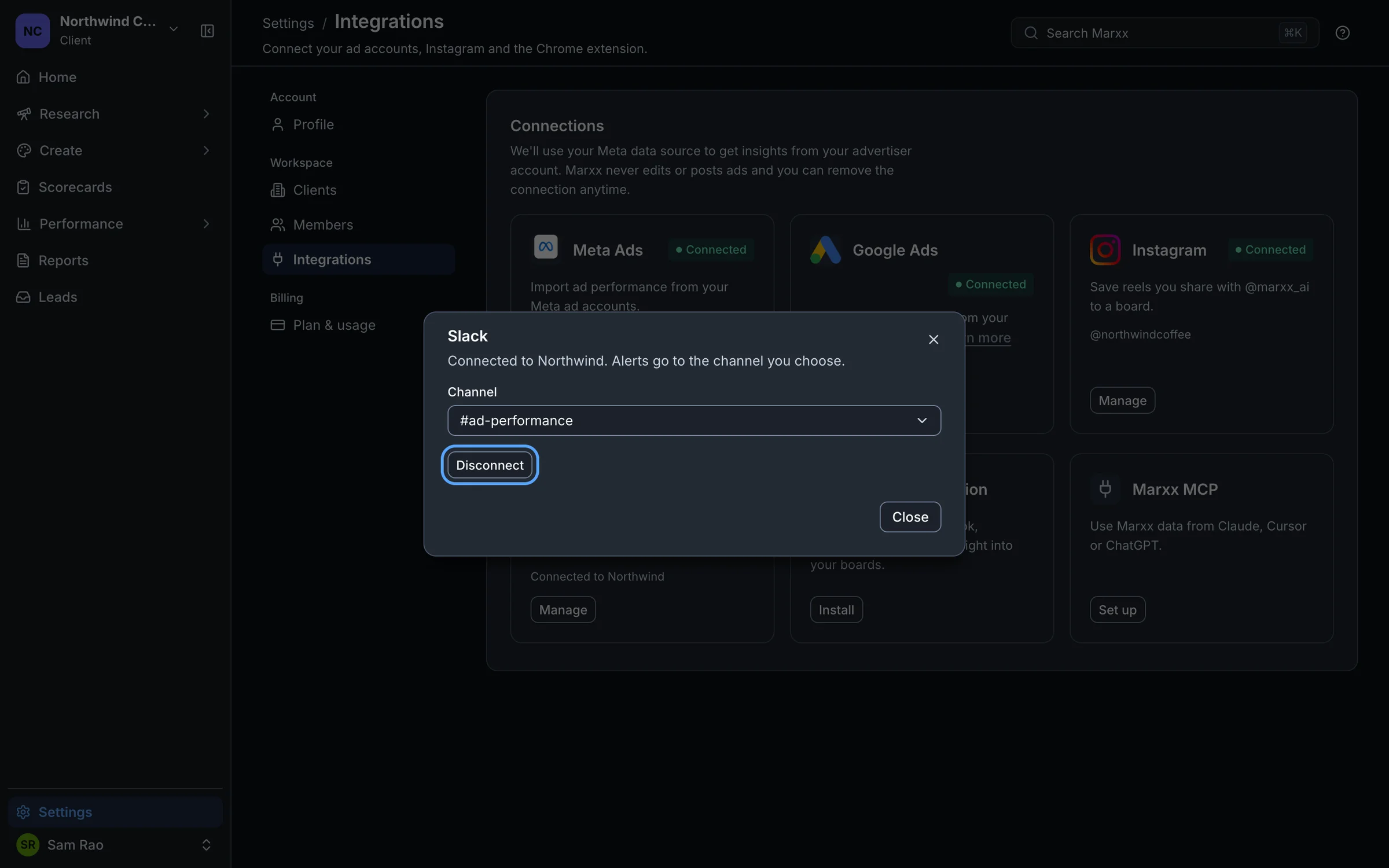 The Slack Manage window with the Disconnect button highlighted