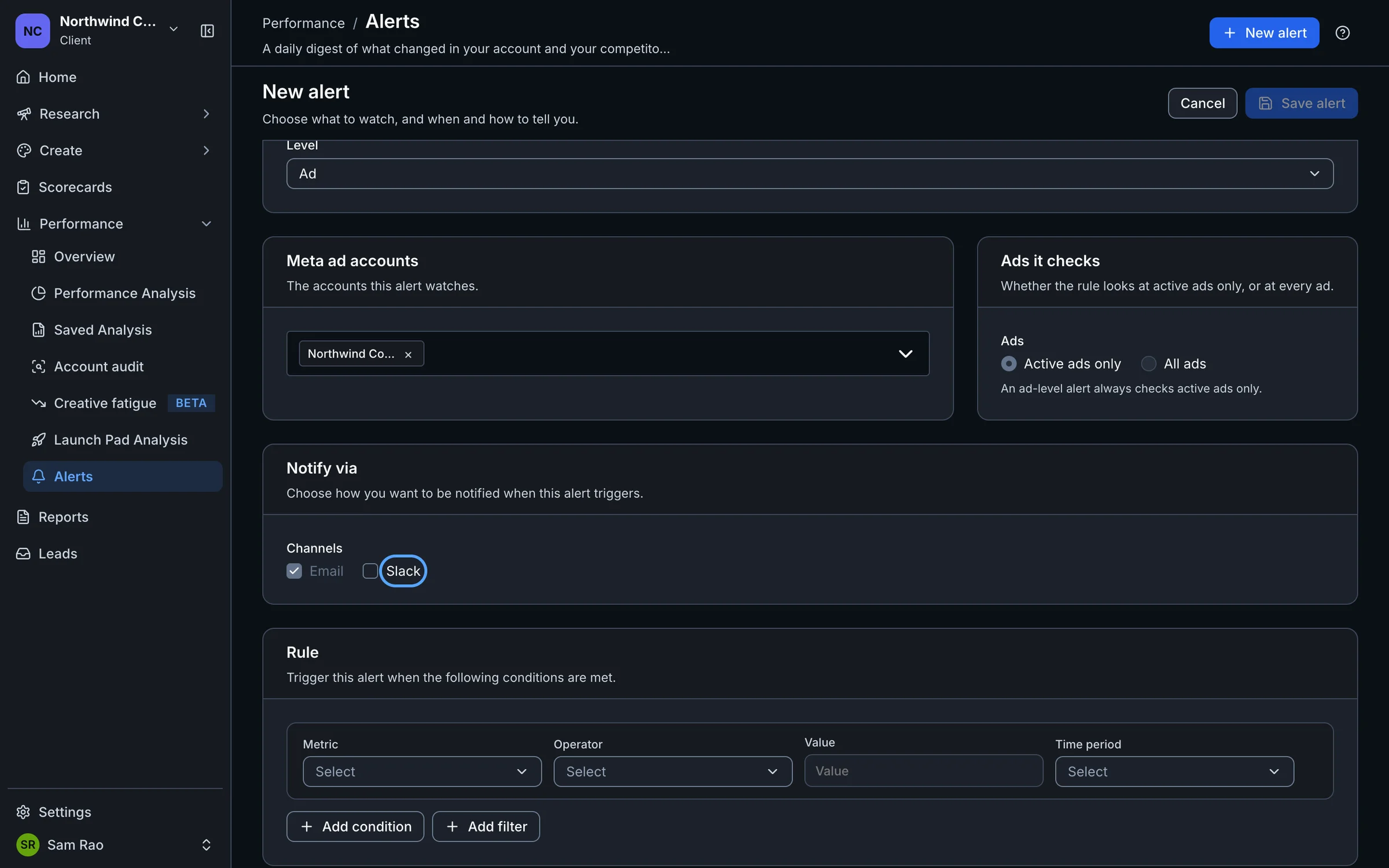 The Notify via section of a new alert with the Slack checkbox highlighted