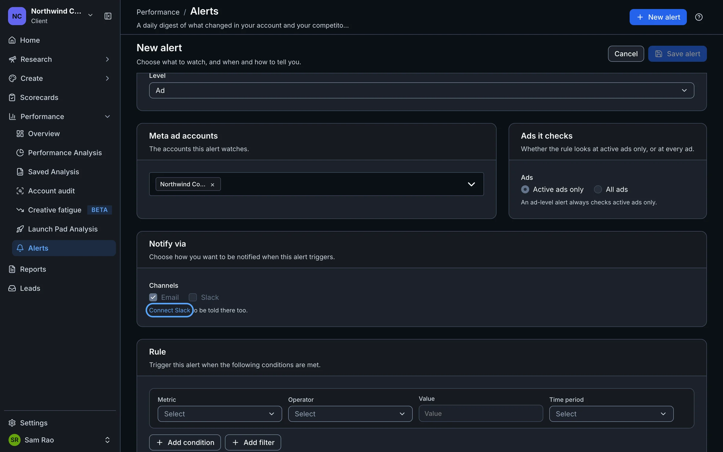 The Notify via section with Slack greyed out and the Connect Slack link highlighted