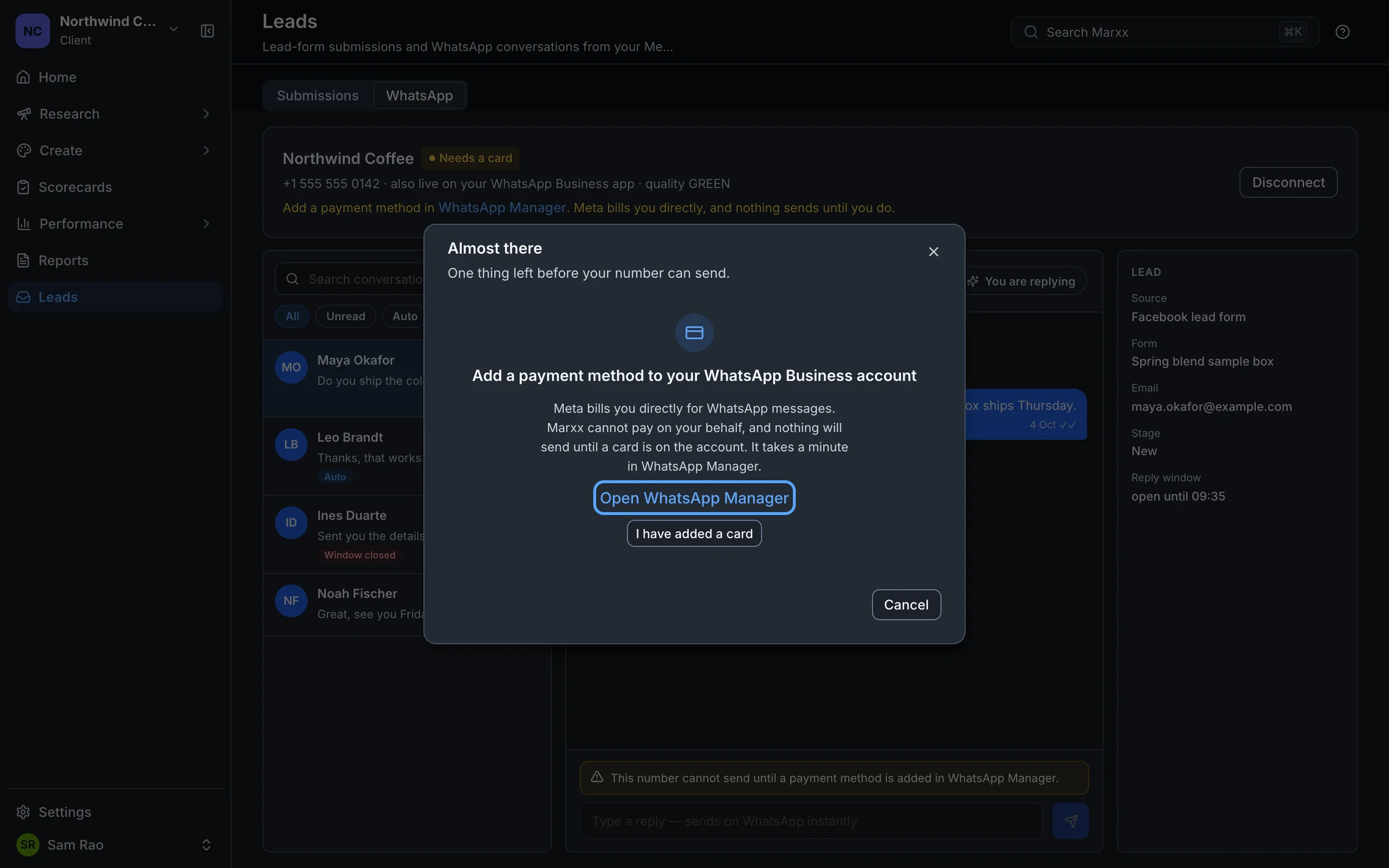 The Almost there window with the Open WhatsApp Manager link highlighted