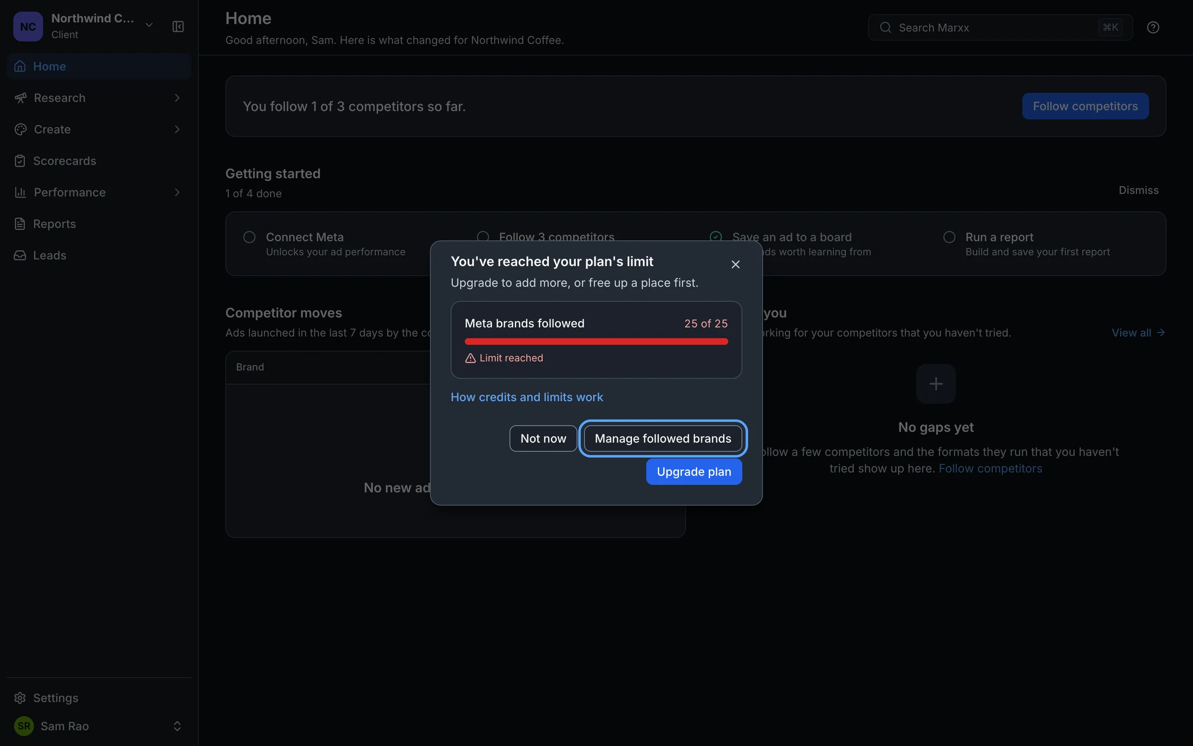 The You've reached your plan's limit window with the Manage followed brands and Upgrade plan buttons
