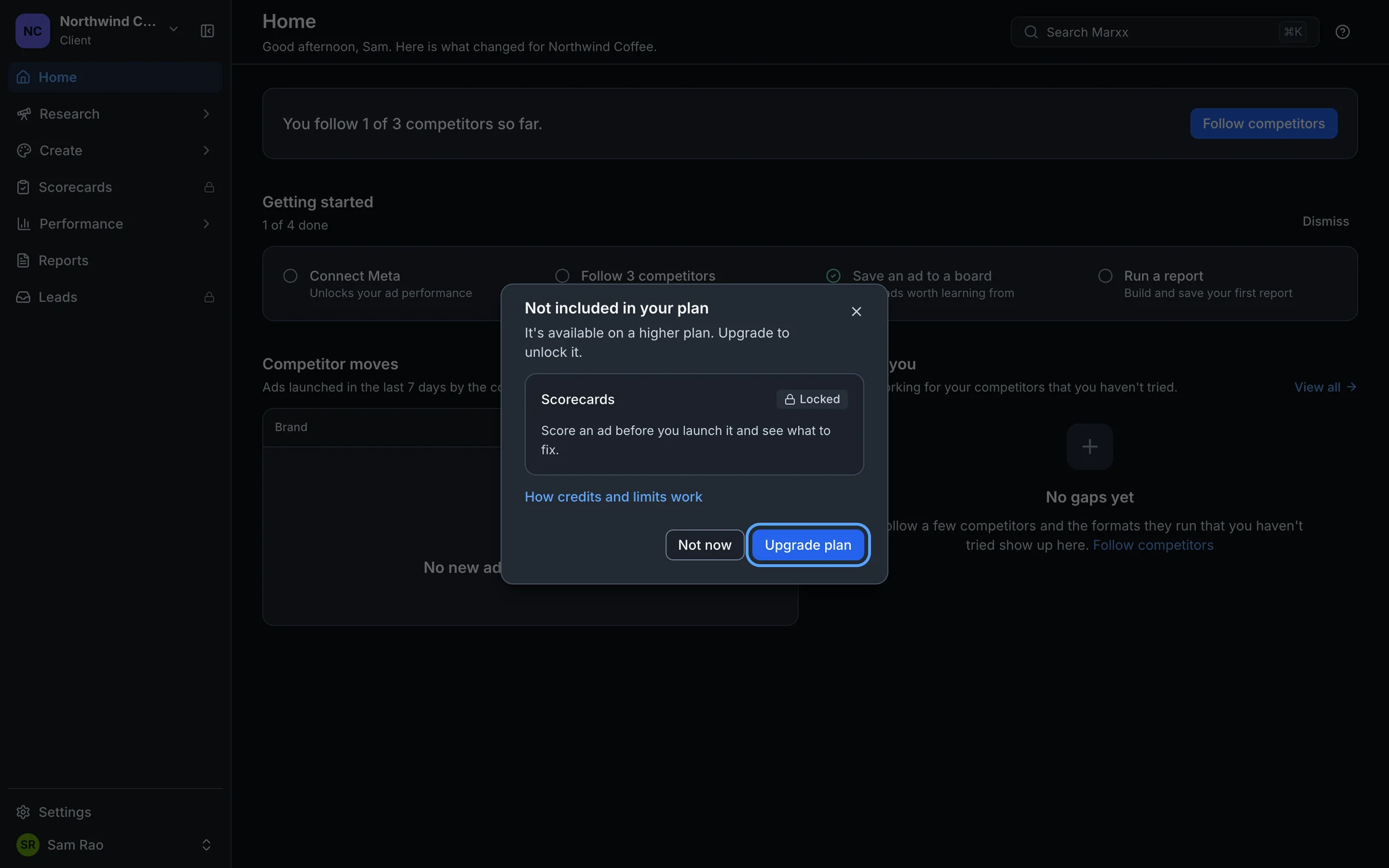 The Not included in your plan window showing a locked feature with the Upgrade plan button highlighted
