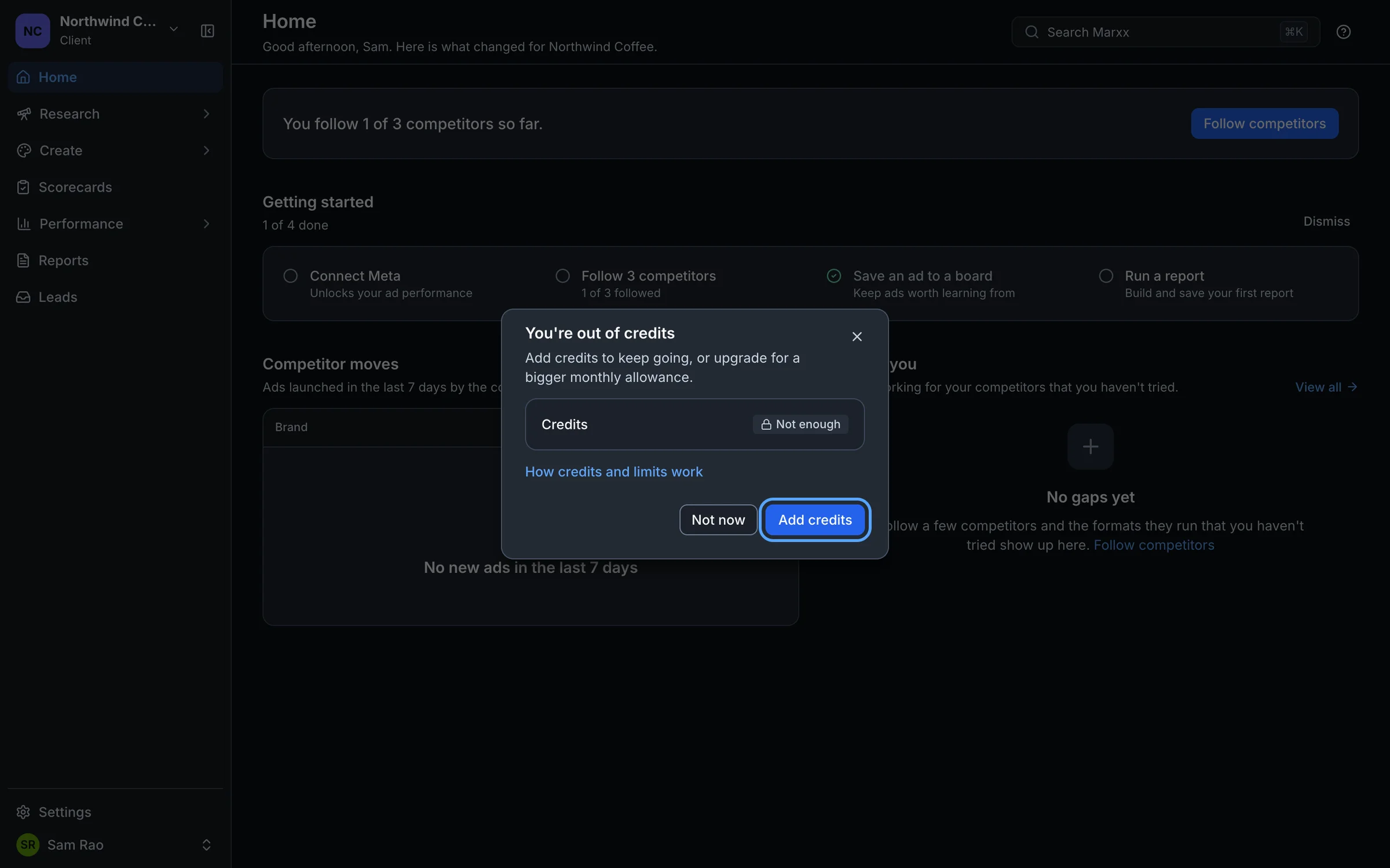 The You're out of credits window with the Add credits button highlighted