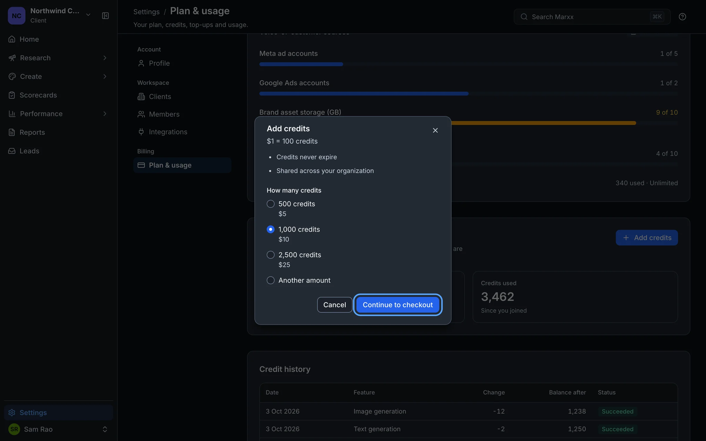 The Add credits window with the 1,000 credits pack chosen and the Continue to checkout button highlighted
