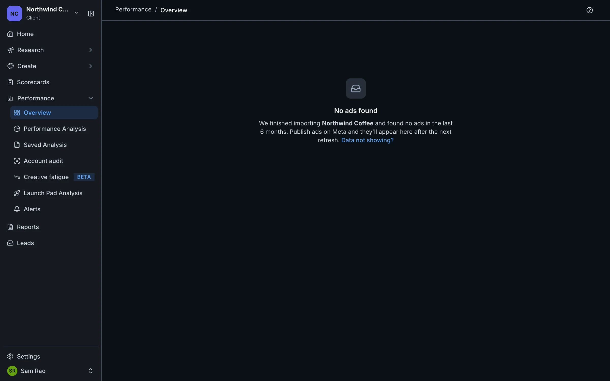 The Performance page showing No ads found for Northwind Coffee