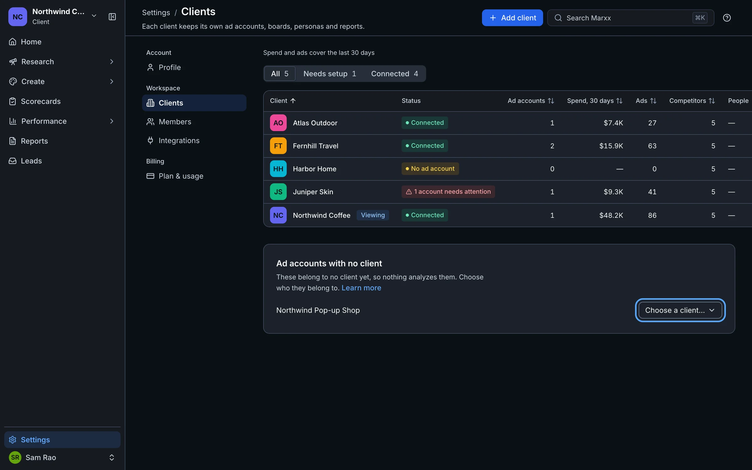 The Ad accounts with no client section with the Choose a client menu highlighted
