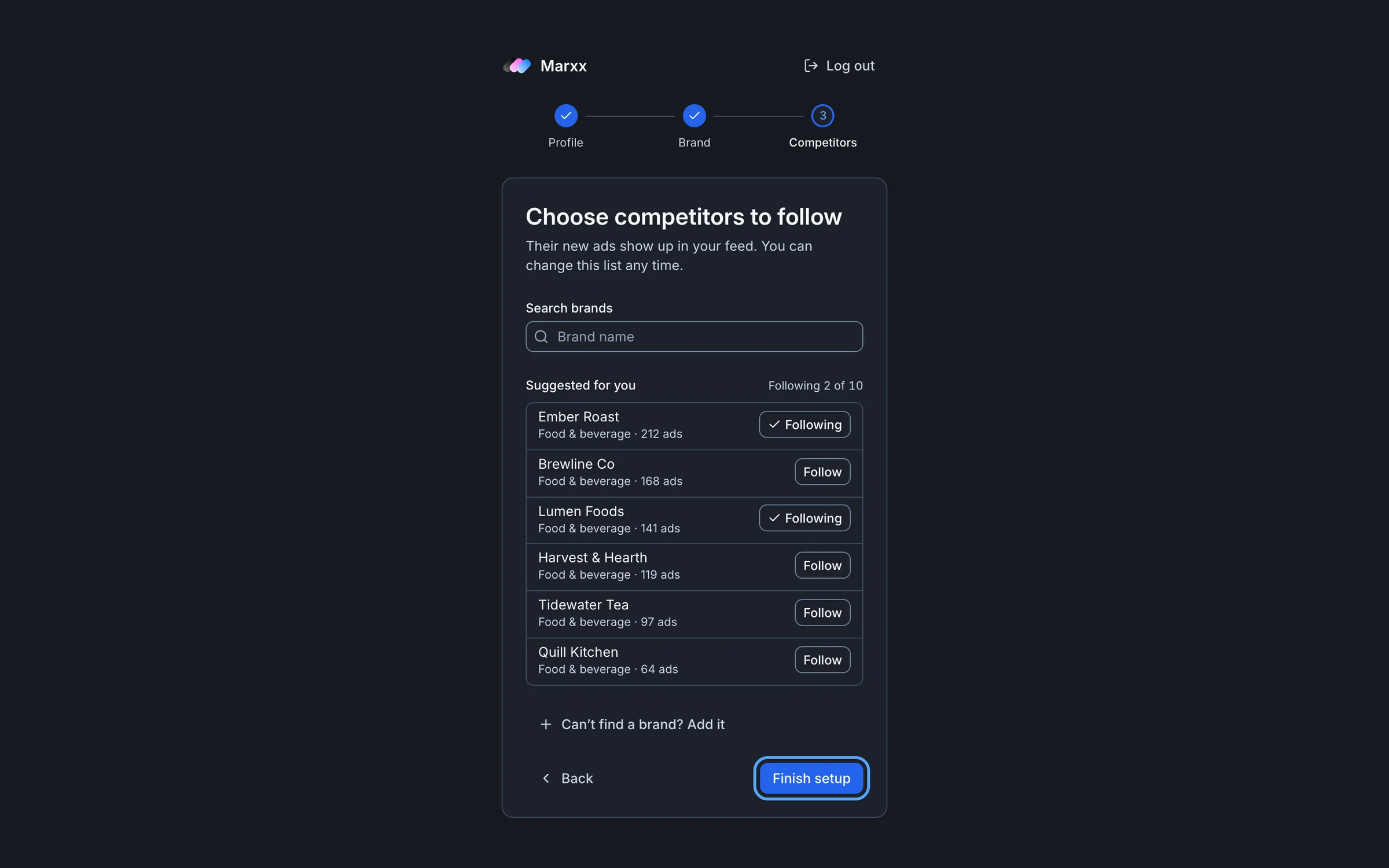 The Choose competitors to follow screen with two brands followed and the Finish setup button highlighted