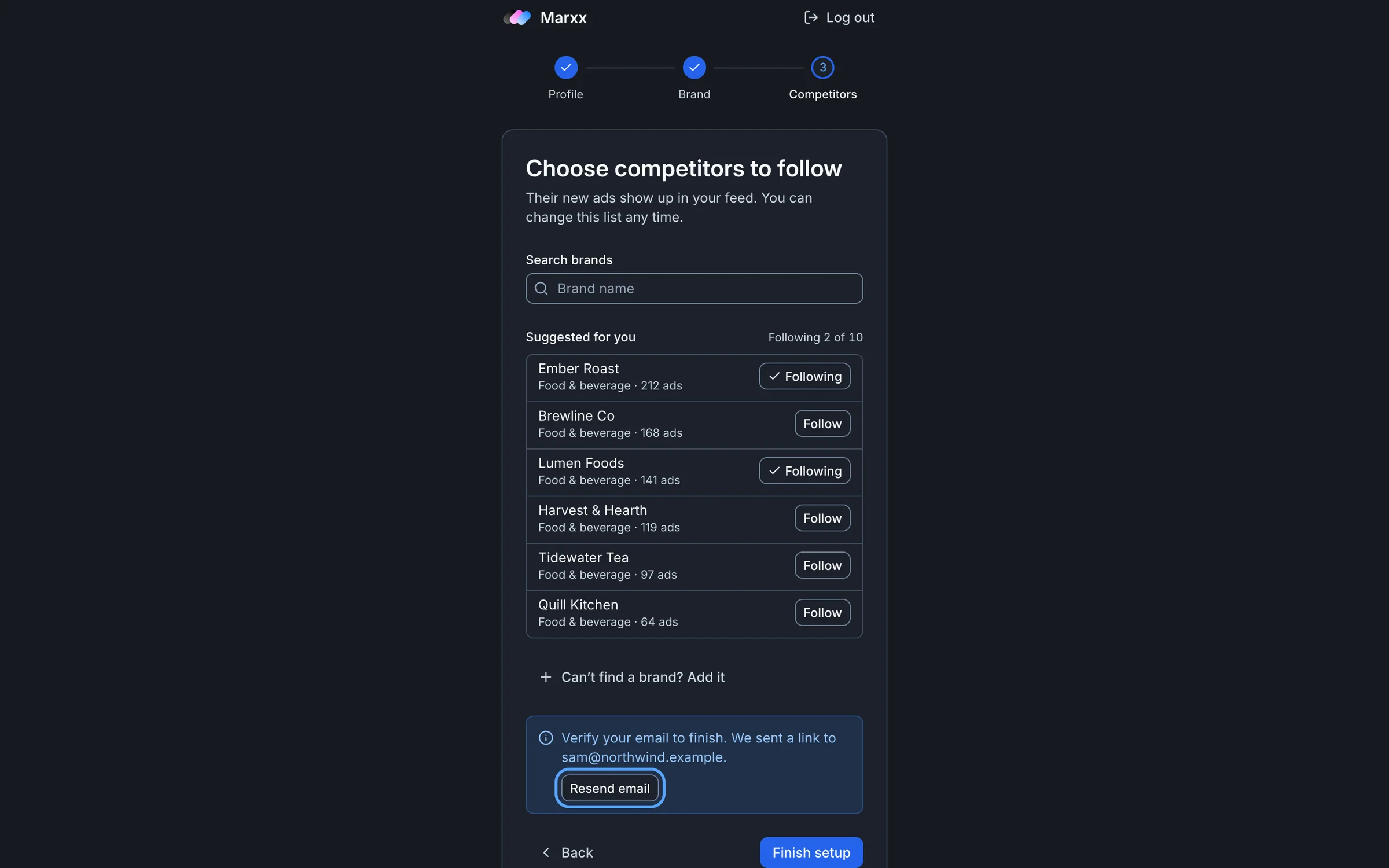 The competitors screen with the message Verify your email to finish and the Resend email button highlighted