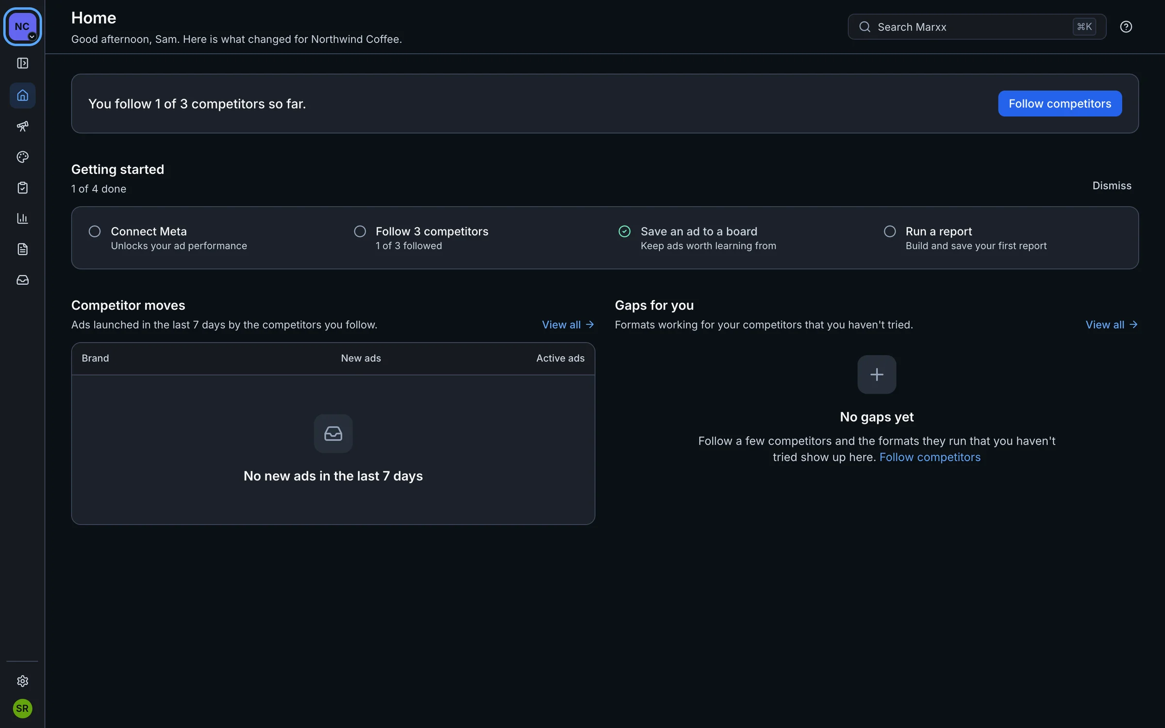 The collapsed sidebar with the client chip at the top highlighted