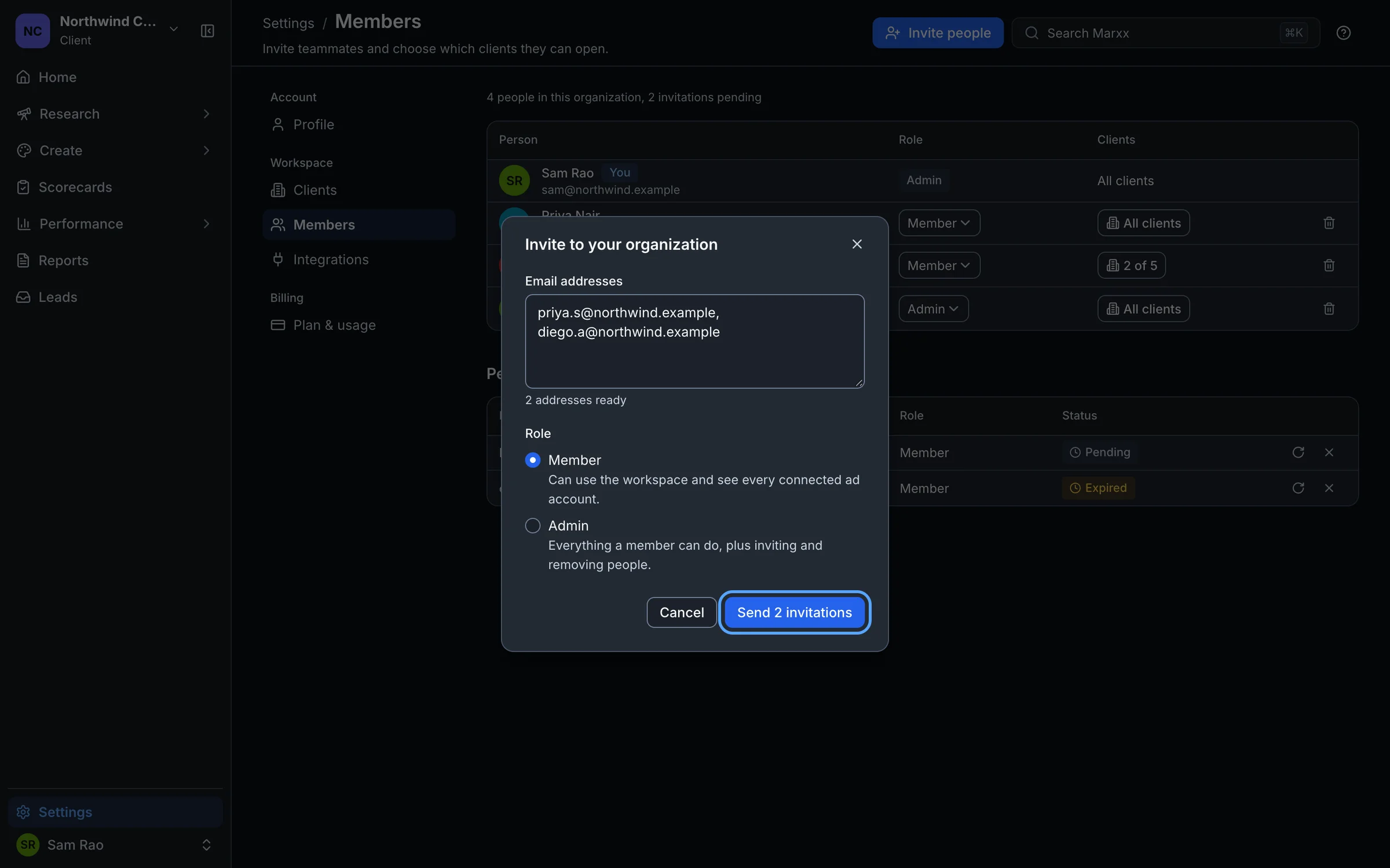 The invite window with the Member role chosen and the Send 2 invitations button highlighted