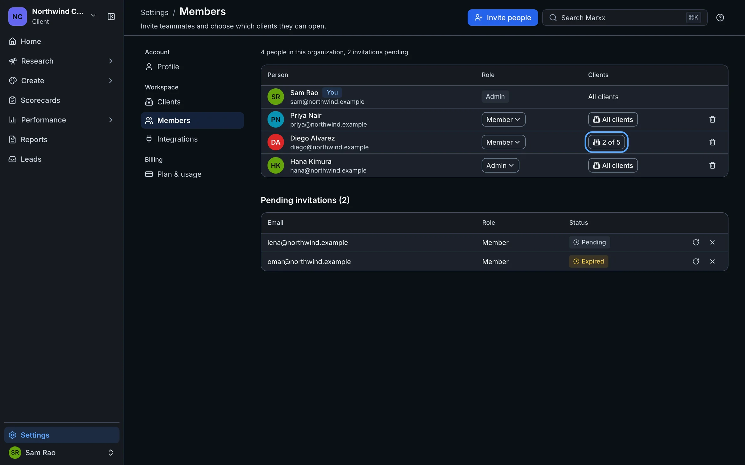 The Members table with the 2 of 5 Clients button beside Diego Alvarez highlighted