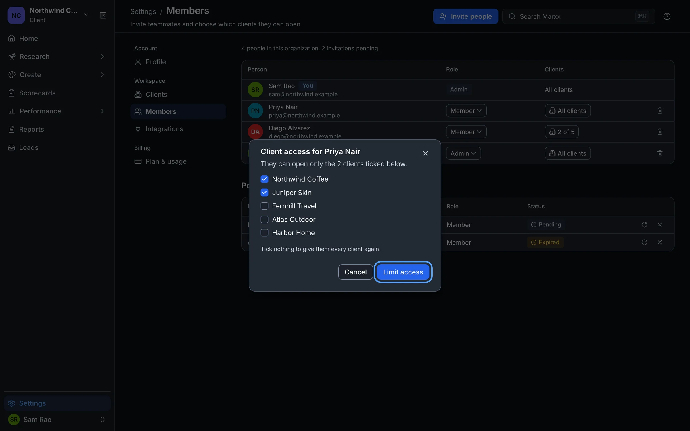 The Client access window with two clients ticked and the Limit access button highlighted