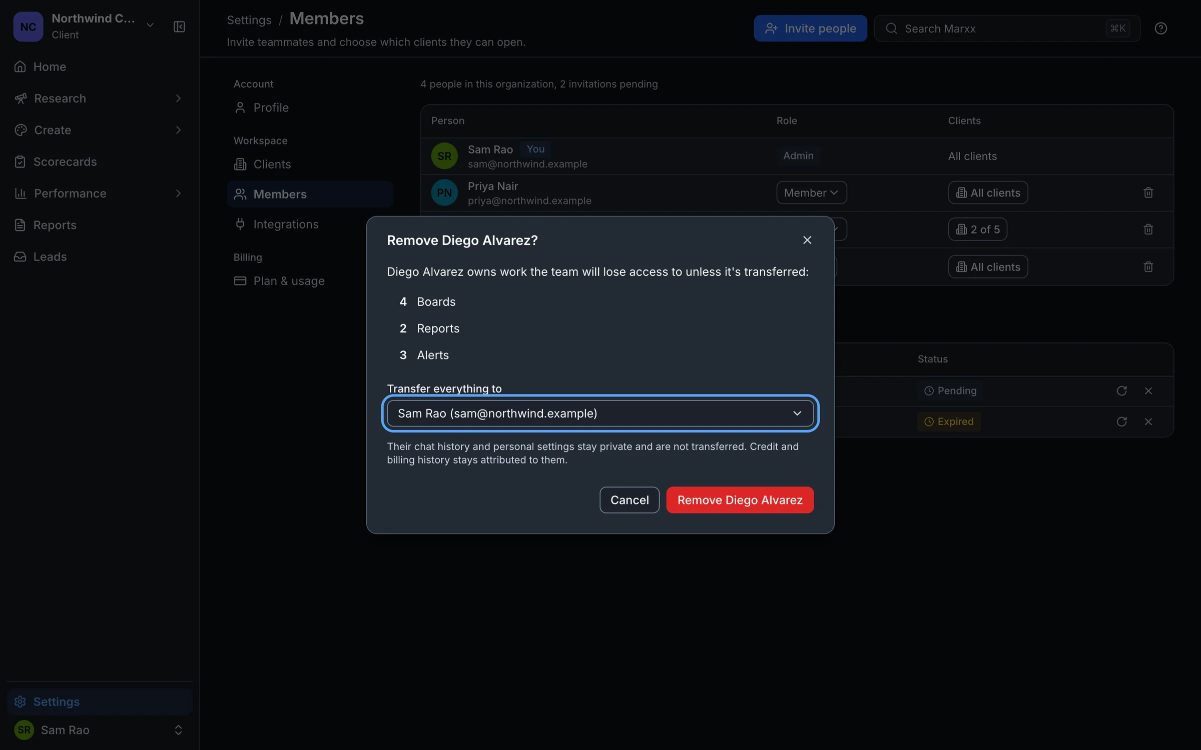 The Remove window listing the boards, reports and alerts to transfer, with the Transfer everything to menu highlighted