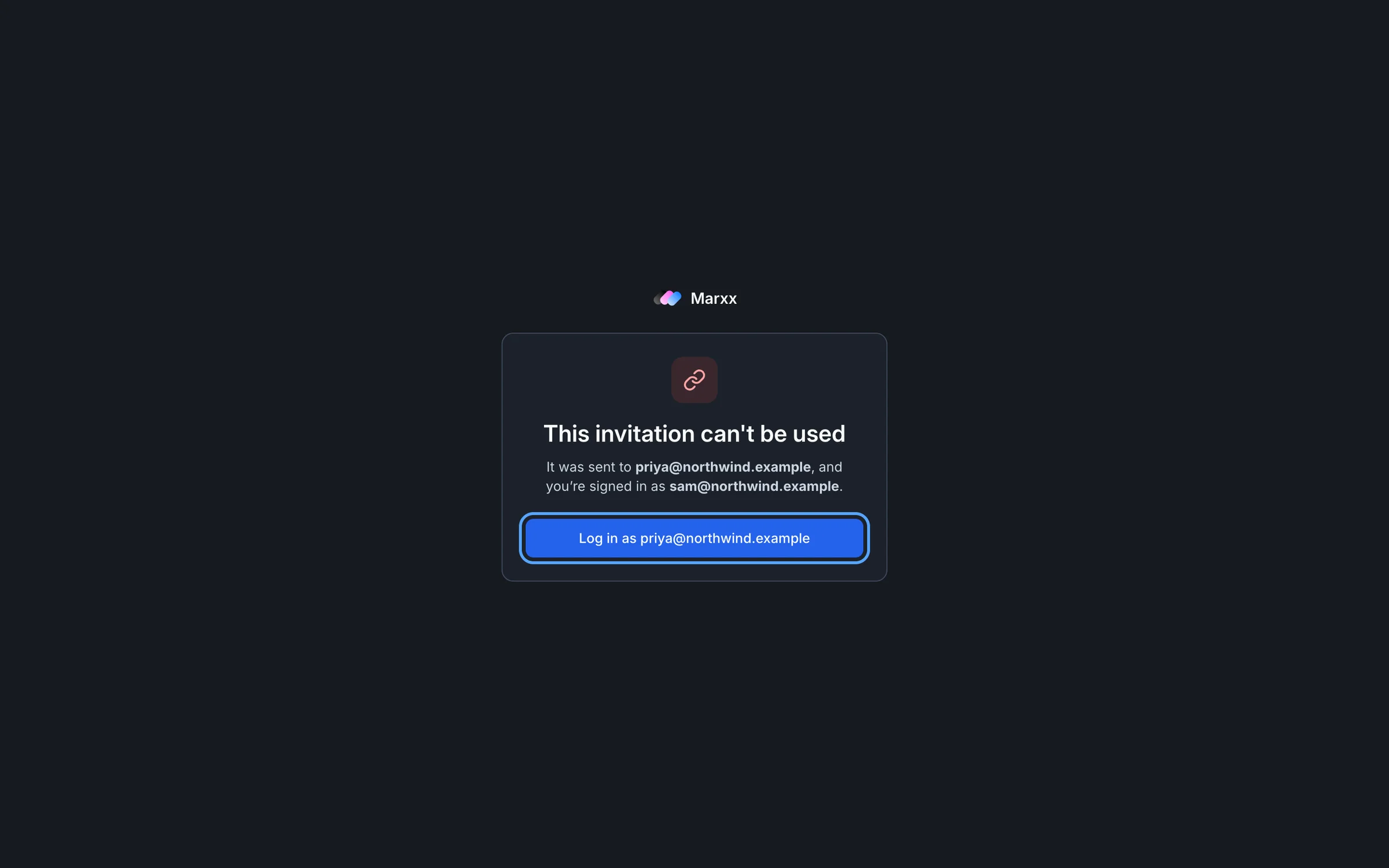 The page This invitation can't be used, saying the invitation was sent to another address