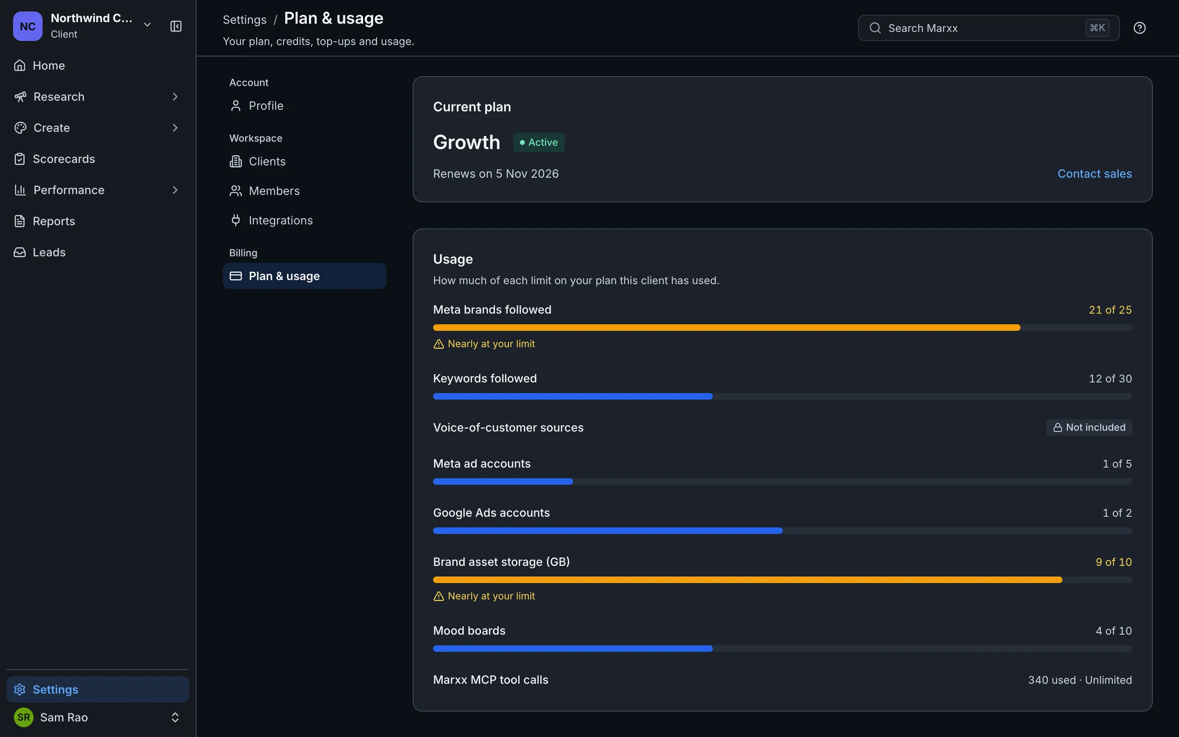 Plan & usage showing the current plan, usage meters and credit balance