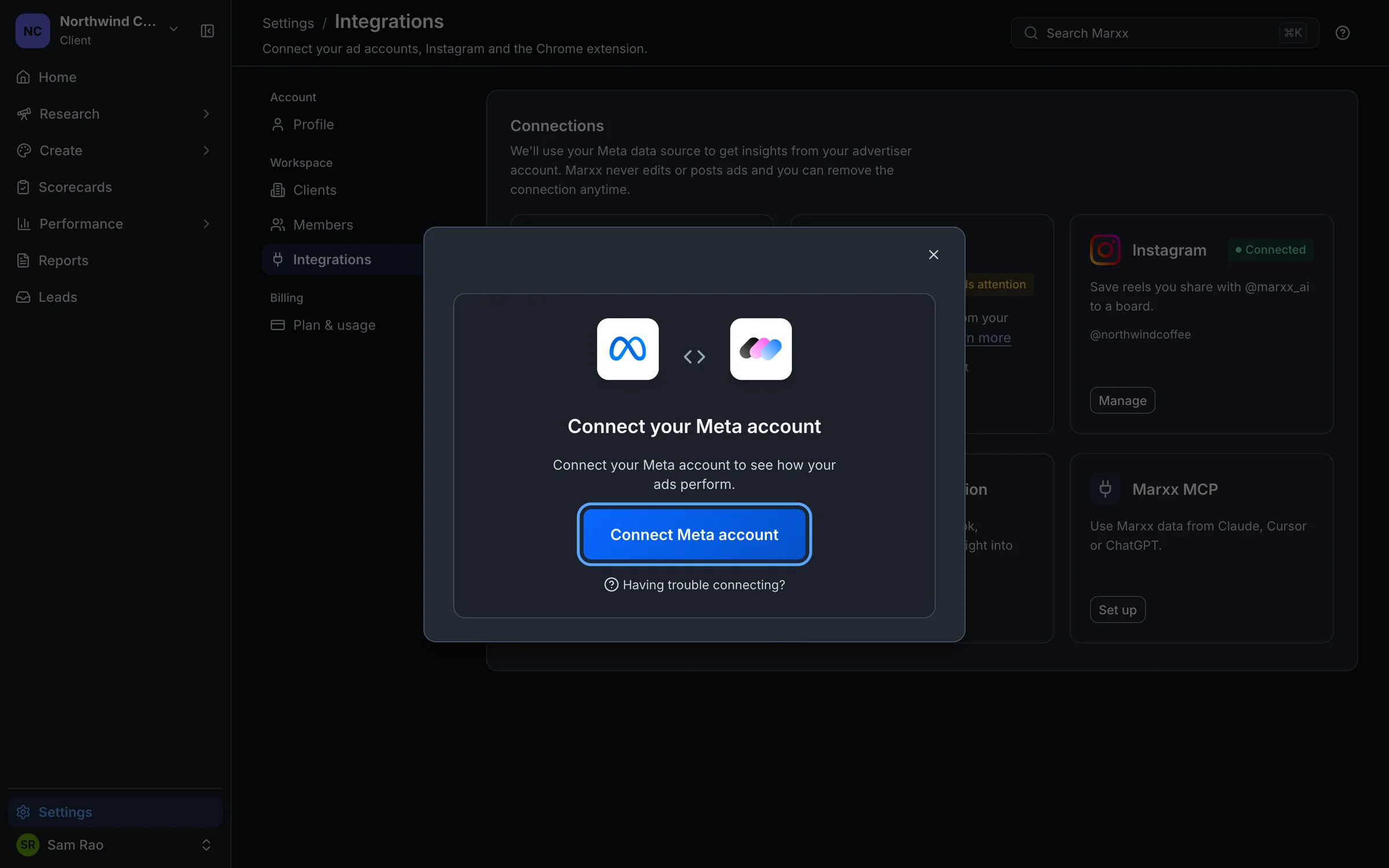 The Connect your Meta account window opened by Reconnect, with the Connect Meta account button highlighted