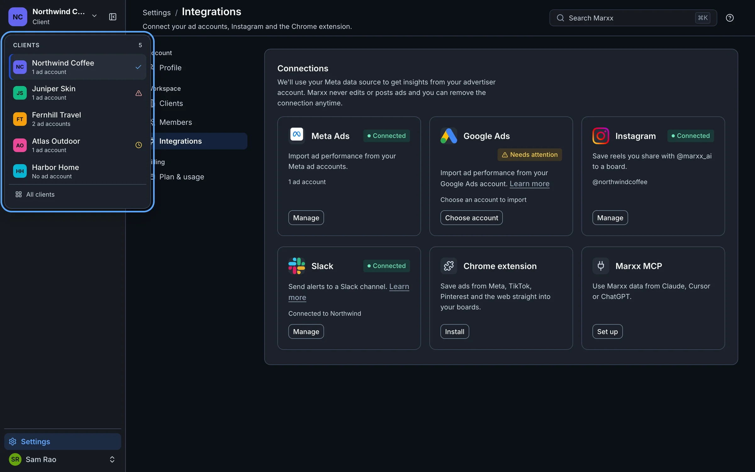 The client switcher with a warning triangle beside one client and a clock beside another