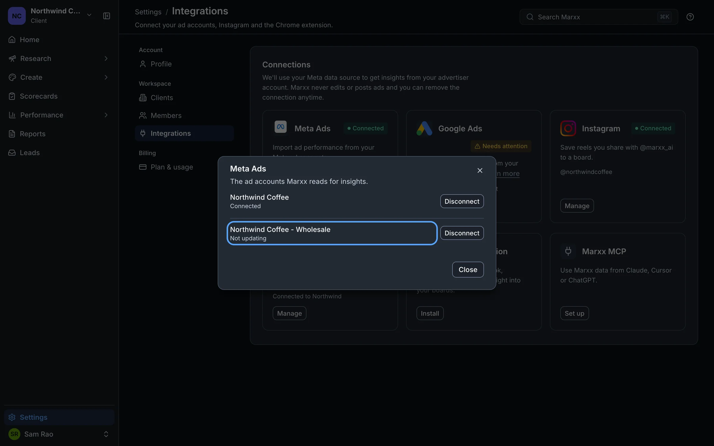 The Manage window for Meta Ads with one account Connected and the other Not updating