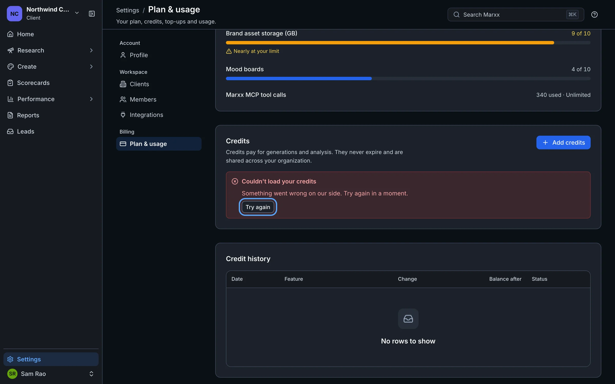 The Credits card on Plan & usage showing Couldn't load your credits, a reason and a Try again button